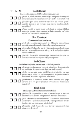 Rabbitbrush
(sin nombre en español) Chrysothamnus nauseosus
❒ ❒ ❒
¿Acaso su rol en el trabajo o en el hogar le requiere el manejo de
montones de detalles que necesitan ser tenidos en cuenta la vez?
❒ ❒ ❒
¿Es difícil para usted mantener conciencia del “visión global”
cuando trabaja en un proyecto que incluye muchos detalles
específicos?
❒ ❒ ❒
¿Acaso su vida se siente como apabullante o caótica debido a
que usted no sabe cómo mantenerse al día con todos los “cabos
sueltos” de los cuales es responsable?
Red Chestnut
(Castaño rojo) Aesculus carnea
❒ ❒ ❒
¿Suele usted encontrarse preocupado por el bienestar ajeno, al punto
que está más pendiente de la vida de ellos que de la suya propia?
❒ ❒ ❒
¿Le resulta difícil confiar que la vida se está desarrollando como
debe ser para sus hijos u otros miembros de su familia o amigos
cercanos a usted?
❒ ❒ ❒
¿Necesita desarrollar más desapego en cuanto a una relación
actual o situación social que le está preocupando?
Red Clover
(Trébol de los prados, Trébol rojo) Trifolium pratense
❒ ❒ ❒
¿Se encuentra incapaz de enfrentar situaciones de emergencia,
sucumbiendo frecuentemente al pánico o a la histeria?
❒ ❒ ❒
¿Se ha encontrado usted indebidamente influido por una
personalidad pública o ideología política, respondiendo con
temor a un panorama negativo o desastroso?
❒ ❒ ❒
¿Pierde usted su identidad positiva en su familia u otro grupo
cercano, cada vez que se presentan circunstancias desafiantes o
negativas?
Rock Rose
(Heliantemo) Helianthemum nummularium
❒ ❒ ❒
¿Suele sufrir de pesadillas u otras experiencias que le traen un
sentimiento de terror u otro profundo disturbio emocional?
❒ ❒ ❒
¿Está actualmente enfrentando una situación de dimensiones
destructivas o que amenazan su vida, como pueden ser muerte
inminente o una emergencia catastrófica?
❒ ❒ ❒
¿Necesita usted desarrollar más coraje y ecuanimidad en
situaciones de estrés?
- 43 -
S A N
 