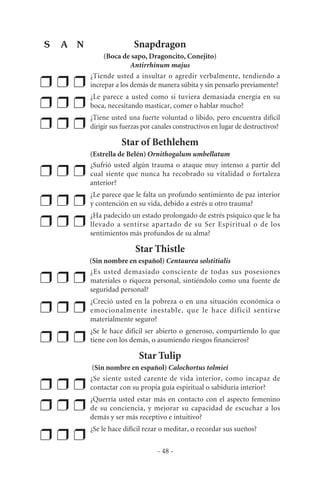Snapdragon
(Boca de sapo, Dragoncito, Conejito)
Antirrhinum majus
❒ ❒ ❒
¿Tiende usted a insultar o agredir verbalmente, tendiendo a
increpar a los demás de manera súbita y sin pensarlo previamente?
❒ ❒ ❒
¿Le parece a usted como si tuviera demasiada energía en su
boca, necesitando masticar, comer o hablar mucho?
❒ ❒ ❒
¿Tiene usted una fuerte voluntad o libido, pero encuentra difícil
dirigir sus fuerzas por canales constructivos en lugar de destructivos?
Star of Bethlehem
(Estrella de Belén) Ornithogalum umbellatum
❒ ❒ ❒
¿Sufrió usted algún trauma o ataque muy intenso a partir del
cual siente que nunca ha recobrado su vitalidad o fortaleza
anterior?
❒ ❒ ❒
¿Le parece que le falta un profundo sentimiento de paz interior
y contención en su vida, debido a estrés u otro trauma?
❒ ❒ ❒
¿Ha padecido un estado prolongado de estrés psíquico que le ha
llevado a sentirse apartado de su Ser Espiritual o de los
sentimientos más profundos de su alma?
Star Thistle
(Sin nombre en español) Centaurea solstitialis
❒ ❒ ❒
¿Es usted demasiado consciente de todas sus posesiones
materiales o riqueza personal, sintiéndolo como una fuente de
seguridad personal?
❒ ❒ ❒
¿Creció usted en la pobreza o en una situación económica o
emocionalmente inestable, que le hace difícil sentirse
materialmente seguro?
❒ ❒ ❒
¿Se le hace difícil ser abierto o generoso, compartiendo lo que
tiene con los demás, o asumiendo riesgos financieros?
Star Tulip
(Sin nombre en español) Calochortus tolmiei
❒ ❒ ❒
¿Se siente usted carente de vida interior, como incapaz de
contactar con su propia guía espiritual o sabiduría interior?
❒ ❒ ❒
¿Querría usted estar más en contacto con el aspecto femenino
de su conciencia, y mejorar su capacidad de escuchar a los
demás y ser más receptivo e intuitivo?
❒ ❒ ❒
¿Se le hace difícil rezar o meditar, o recordar sus sueños?
- 48 -
S A N
 