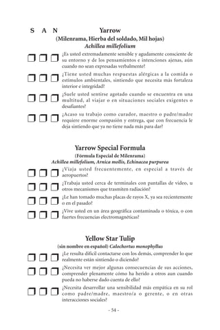 Yarrow
(Milenrama, Hierba del soldado, Mil hojas)
Achillea millefolium
❒ ❒ ❒
¿Es usted extremadamente sensible y agudamente consciente de
su entorno y de los pensamientos e intenciones ajenas, aún
cuando no sean expresadas verbalmente?
❒ ❒ ❒
¿Tiene usted muchas respuestas alérgicas a la comida o
estímulos ambientales, sintiendo que necesita más fortaleza
interior e integridad?
❒ ❒ ❒
¿Suele usted sentirse agotado cuando se encuentra en una
multitud, al viajar o en situaciones sociales exigentes o
desafiantes?
❒ ❒ ❒
¿Acaso su trabajo como curador, maestro o padre/madre
requiere enorme compasión y entrega, que con frecuencia le
deja sintiendo que ya no tiene nada más para dar?
Yarrow Special Formula
(Fórmula Especial de Milenrama)
Achillea millefolium, Arnica mollis, Echinacea purpurea
❒ ❒ ❒
¿Viaja usted frecuentemente, en especial a través de
aeropuertos?
❒ ❒ ❒
¿Trabaja usted cerca de terminales con pantallas de video, u
otros mecanismos que trasmiten radiación?
❒ ❒ ❒
¿Le han tomado muchas placas de rayos X, ya sea recientemente
o en el pasado?
❒ ❒ ❒
¿Vive usted en un área geográfica contaminada o tóxica, o con
fuertes frecuencias electromagnéticas?
Yellow Star Tulip
(sin nombre en español) Calochortus monophyllus
❒ ❒ ❒
¿Le resulta difícil contactarse con los demás, comprender lo que
realmente están sintiendo o diciendo?
❒ ❒ ❒
¿Necesita ver mejor algunas consecuencias de sus acciones,
comprender plenamente cómo ha herido a otros aun cuando
pueda no haberse dado cuenta de ello?
❒ ❒ ❒
¿Necesita desarrollar una sensibilidad más empática en su rol
como padre/madre, maestro/a o gerente, o en otras
interacciones sociales?
- 54 -
S A N
 