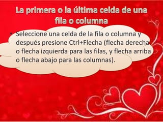 • Seleccione una celda de la fila o columna y
después presione Ctrl+Flecha (flecha derecha
o flecha izquierda para las filas, y flecha arriba
o flecha abajo para las columnas).

 