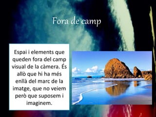 Fora de camp 
Espai i elements que 
queden fora del camp 
visual de la càmera. És 
allò que hi ha més 
enllà del marc de la 
imatge, que no veiem 
però que suposem i 
imaginem. 
 