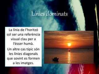 Línies dominats 
La línia de l’horitzó 
sol ser una referència 
visual clau per a 
l’ésser humà. 
Un altre cas típic són 
les línies diagonals 
que sovint es formen 
a les imatges. 
 