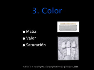 3. Color

• Matiz
• Valor
• Saturación


Halperin et al. Mastering The Art of Complete Dentures. Quintessence, 1988.
 