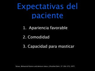 Expectativas del
    paciente
         1. Apariencia favorable

         2. Comodidad

         3. Capacidad para masticar



Straus. Behavioral factors and denture status. J Prosthet Dent. 37: 264-273, 1977.
 