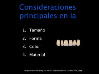 Consideraciones
principales en la
1.
 Tamaño

2.
 Forma

3.
 Color

4.
 Material


 Halperin et al. Mastering The Art of Complete Dentures. Quintessence, 1988.
 