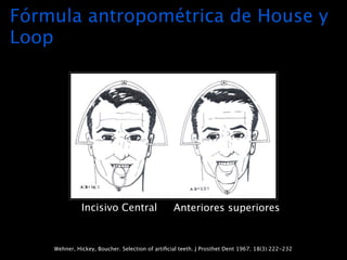 Fórmula antropométrica de House y
Loop




              Incisivo Central                   Anteriores superiores


    Wehner, Hickey, Boucher. Selection of artiﬁcial teeth. J Prosthet Dent 1967; 18(3):222-232
 