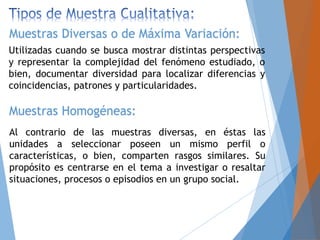 Utilizadas cuando se busca mostrar distintas perspectivas
y representar la complejidad del fenómeno estudiado, o
bien, documentar diversidad para localizar diferencias y
coincidencias, patrones y particularidades.
Muestras Diversas o de Máxima Variación:
Muestras Homogéneas:
Al contrario de las muestras diversas, en éstas las
unidades a seleccionar poseen un mismo perfil o
características, o bien, comparten rasgos similares. Su
propósito es centrarse en el tema a investigar o resaltar
situaciones, procesos o episodios en un grupo social.
 