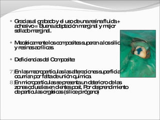 Gracias al grabado y el uso de una resina fluida + adhesivo = Buena adaptación marginal y mejor sellado marginal. Mecánicamente los composites superan a los silicatos y resinas acrílicas. Deficiencias del Composite: En las macropartículas las alteraciones superficiales ocurrían por falta de unión química. En micropartículas se presenta un deterioro de las zonas oclusales en dientes post. Por desprendimiento de partículas orgánicas (silice pirógeno) 