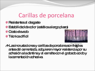 Carillas de porcelana Resistentes al desgaste Estabilidad de color (estética a largo plazo) Costo elevado Técnica difícil Las incrustaciones y carillas de porcelana son frágiles antes del cementado, adquieren mayor resistencia por su adhesión a la dentina y al esmalte con el grabado acido y la cementación adhesiva. 