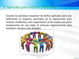 4. Aptitudes para resolver problemas: 
Cuando las personas requieren de dichas aptitudes pero son 
deficientes al respecto, participan en la capacitación para 
resolver problemas, esta capacitación se ha vuelto una parte 
fundamental de casi todo el esfuerzo organizacional para 
introducir equipos auto-dirigidos 
ADMINISTRACION DE RECURSOS 
HUMANOS I 
 