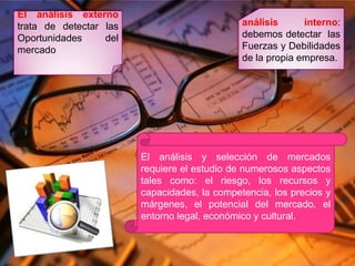 El análisis externo
trata de detectar las                         análisis      interno:
Oportunidades     del                         debemos detectar las
mercado                                       Fuerzas y Debilidades
                                              de la propia empresa.




                        El análisis y selección de mercados
                        requiere el estudio de numerosos aspectos
                        tales como: el riesgo, los recursos y
                        capacidades, la competencia, los precios y
                        márgenes, el potencial del mercado, el
                        entorno legal, económico y cultural.
 