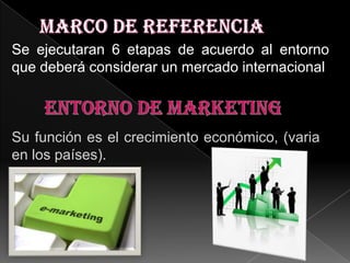 Se ejecutaran 6 etapas de acuerdo al entorno
que deberá considerar un mercado internacional



Su función es el crecimiento económico, (varia
en los países).
 