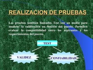 REALIZACION DE PRUEBAS Las pruebas también llamados Test son un medio para analizar la calificación en función del puesto. Permiten evaluar la compatibilidad entre los aspirantes y los requerimientos del puesto. VALIDEZ CONFIABILIDAD TEST 