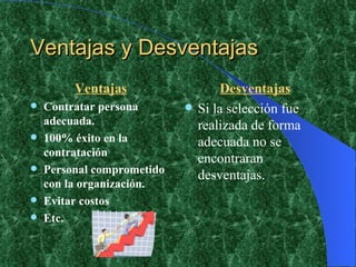 Ventajas y Desventajas  Ventajas Contratar persona adecuada. 100% éxito en la contratación Personal comprometido con la organización. Evitar costos Etc. Desventajas Si la selección fue realizada de forma adecuada no se encontraran desventajas. 