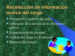 Recolección de información acerca del cargo Descripción y análisis del cargo Aplicación de la técnica de los incidentes críticos Requerimiento de personal Análisis del cargo en el mercado Hipótesis de trabajo 