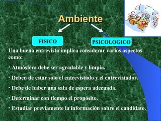 Ambiente PSICOLOGICO FISICO Una buena entrevista implica considerar varios aspectos como: Atmósfera debe ser agradable y limpia. Deben de estar solo el entrevistado y el entrevistador. Debe de haber una sala de espera adecuada. Determinar con tiempo el propósito. Estudiar previamente la información sobre el candidato . 