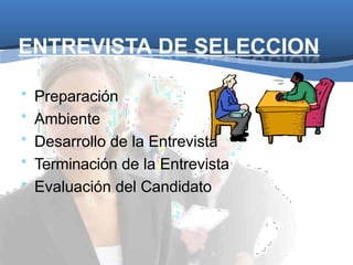 ENTREVISTA DE SELECCION
• Preparación
• Ambiente
• Desarrollo de la Entrevista
• Terminación de la Entrevista
• Evaluación del Candidato
 