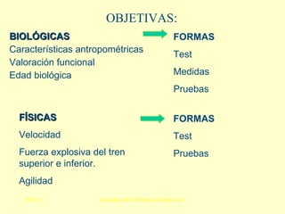OBJETIVAS: BIOLÓGICAS Características antropométricas Valoración funcional Edad biológica FORMAS Test Medidas Pruebas FÍSICAS Velocidad Fuerza explosiva del tren superior e inferior. Agilidad FORMAS Test Pruebas 