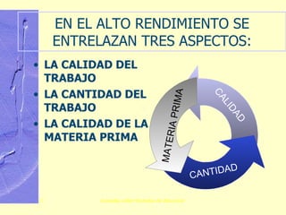 EN EL ALTO RENDIMIENTO SE ENTRELAZAN TRES ASPECTOS: LA CALIDAD DEL TRABAJO LA CANTIDAD DEL TRABAJO LA CALIDAD DE LA  MATERIA PRIMA CALIDAD CANTIDAD MATERIA   PRIMA 