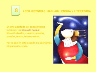 8       LEER HISTORIAS. HABLAR/ LENGUA Y LITERATURA




En este apartado del conocimiento
incluimos los libros de ficción:
libros ilustrados, cuentos, novelas,
poesías, teatro, tebeo y cómic.

Por lo que en esta ocasión no aportamos
ninguna referencia.
 