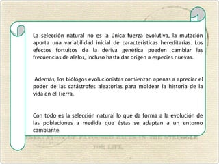 La selección natural no es la única fuerza evolutiva, la mutación
aporta una variabilidad inicial de características hereditarias. Los
efectos fortuitos de la deriva genética pueden cambiar las
frecuencias de alelos, incluso hasta dar origen a especies nuevas.
Además, los biólogos evolucionistas comienzan apenas a apreciar el
poder de las catástrofes aleatorias para moldear la historia de la
vida en el Tierra.
Con todo es la selección natural lo que da forma a la evolución de
las poblaciones a medida que éstas se adaptan a un entorno
cambiante.
 