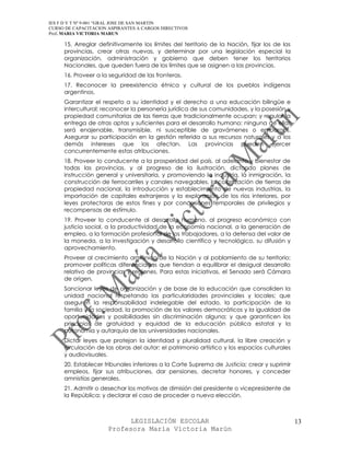 IES F D Y T Nº 9-001 “GRAL JOSE DE SAN MARTIN
CURSO DE CAPACITACION ASPIRANTES A CARGOS DIRECTIVOS
Prof. MARIA VICTORIA MARUN

     15. Arreglar definitivamente los límites del territorio de la Nación, fijar los de las
     provincias, crear otras nuevas, y determinar por una legislación especial la
     organización, administración y gobierno que deben tener los territorios
     Nacionales, que queden fuera de los límites que se asignen a las provincias.
     16. Proveer a la seguridad de las fronteras.
     17. Reconocer la preexistencia étnica y cultural de los pueblos indígenas
     argentinos.
     Garantizar el respeto a su identidad y el derecho a una educación bilingüe e
     intercultural; reconocer la personería jurídica de sus comunidades, y la posesión y
     propiedad comunitarias de las tierras que tradicionalmente ocupan; y regular la
     entrega de otras aptas y suficientes para el desarrollo humano; ninguna de ellas
     será enajenable, transmisible, ni susceptible de gravámenes o embargos.
     Asegurar su participación en la gestión referida a sus recursos naturales y a los
     demás intereses que los afectan. Las provincias pueden ejercer
     concurrentemente estas atribuciones.
     18. Proveer lo conducente a la prosperidad del país, al adelanto y bienestar de
     todas las provincias, y al progreso de la ilustración, dictando planes de
     instrucción general y universitaria, y promoviendo la industria, la inmigración, la
     construcción de ferrocarriles y canales navegables, la colonización de tierras de
     propiedad nacional, la introducción y establecimiento de nuevas industrias, la
     importación de capitales extranjeros y la exploración de los ríos interiores, por
     leyes protectoras de estos fines y por concesiones temporales de privilegios y
     recompensas de estímulo.
     19. Proveer lo conducente al desarrollo humano, al progreso económico con
     justicia social, a la productividad de la economía nacional, a la generación de
     empleo, a la formación profesional de los trabajadores, a la defensa del valor de
     la moneda, a la investigación y desarrollo científico y tecnológico, su difusión y
     aprovechamiento.
     Proveer al crecimiento armónico de la Nación y al poblamiento de su territorio;
     promover políticas diferenciadas que tiendan a equilibrar el desigual desarrollo
     relativo de provincias y regiones. Para estas iniciativas, el Senado será Cámara
     de origen.
     Sancionar leyes de organización y de base de la educación que consoliden la
     unidad nacional respetando las particularidades provinciales y locales; que
     aseguren la responsabilidad indelegable del estado, la participación de la
     familia y la sociedad, la promoción de los valores democráticos y la igualdad de
     oportunidades y posibilidades sin discriminación alguna; y que garanticen los
     principios de gratuidad y equidad de la educación pública estatal y la
     autonomía y autarquía de las universidades nacionales.
     Dictar leyes que protejan la identidad y pluralidad cultural, la libre creación y
     circulación de las obras del autor; el patrimonio artístico y los espacios culturales
     y audiovisuales.
     20. Establecer tribunales inferiores a la Corte Suprema de Justicia; crear y suprimir
     empleos, fijar sus atribuciones, dar pensiones, decretar honores, y conceder
     amnistías generales.
     21. Admitir o desechar los motivos de dimisión del presidente o vicepresidente de
     la República; y declarar el caso de proceder a nueva elección.



                            LEGISLACIÓN ESCOLAR                                               13
                      Profesora María Victoria Marún
 