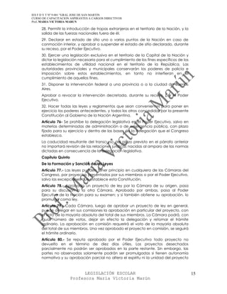 IES F D Y T Nº 9-001 “GRAL JOSE DE SAN MARTIN
CURSO DE CAPACITACION ASPIRANTES A CARGOS DIRECTIVOS
Prof. MARIA VICTORIA MARUN

     28. Permitir la introducción de tropas extranjeras en el territorio de la Nación, y la
     salida de las fuerzas nacionales fuera de él.
     29. Declarar en estado de sitio uno o varios puntos de la Nación en caso de
     conmoción interior, y aprobar o suspender el estado de sitio declarado, durante
     su receso, por el Poder Ejecutivo.
     30. Ejercer una legislación exclusiva en el territorio de la Capital de la Nación y
     dictar la legislación necesaria para el cumplimiento de los fines específicos de los
     establecimientos de utilidad nacional en el territorio de la República. Las
     autoridades provinciales y municipales conservarán los poderes de policía e
     imposición sobre estos establecimientos, en tanto no interfieran en el
     cumplimiento de aquellos fines.
     31. Disponer la intervención federal a una provincia o a la ciudad de Buenos
     Aires.
     Aprobar o revocar la intervención decretada, durante su receso, por el Poder
     Ejecutivo.
     32. Hacer todas las leyes y reglamentos que sean convenientes para poner en
     ejercicio los poderes antecedentes, y todos los otros concedidos por la presente
     Constitución al Gobierno de la Nación Argentina.
     Artículo 76- Se prohíbe la delegación legislativa en el Poder Ejecutivo, salvo en
     materias determinadas de administración o de emergencia pública, con plazo
     fijado para su ejercicio y dentro de las bases de la delegación que el Congreso
     establezca.
     La caducidad resultante del transcurso del plazo previsto en el párrafo anterior
     no importará revisión de las relaciones jurídicas nacidas al amparo de las normas
     dictadas en consecuencia de la delegación legislativa.
     Capítulo Quinto
     De la Formación y Sanción de las Leyes
     Artículo 77.- Las leyes pueden tener principio en cualquiera de las Cámaras del
     Congreso, por proyectos presentados por sus miembros o por el Poder Ejecutivo,
     salvo las excepciones que establece esta Constitución.
     Artículo 78.- Aprobado un proyecto de ley por la Cámara de su origen, pasa
     para su discusión a la otra Cámara. Aprobado por ambas, pasa al Poder
     Ejecutivo de la Nación para su examen; y si también obtiene su aprobación, lo
     promulga como ley.
     Artículo 79.- Cada Cámara, luego de aprobar un proyecto de ley en general,
     puede delegar en sus comisiones la aprobación en particular del proyecto, con
     el voto de la mayoría absoluta del total de sus miembros. La Cámara podrá, con
     igual número de votos, dejar sin efecto la delegación y retomar el trámite
     ordinario. La aprobación en comisión requerirá el voto de la mayoría absoluta
     del total de sus miembros. Una vez aprobado el proyecto en comisión, se seguirá
     el trámite ordinario.
     Artículo 80.- Se reputa aprobado por el Poder Ejecutivo todo proyecto no
     devuelto en el término de diez días útiles. Los proyectos desechados
     parcialmente no podrán ser aprobados en la parte restante. Sin embargo, las
     partes no observadas solamente podrán ser promulgadas si tienen autonomía
     normativa y su aprobación parcial no altera el espíritu ni la unidad del proyecto



                             LEGISLACIÓN ESCOLAR                                              15
                       Profesora María Victoria Marún
 