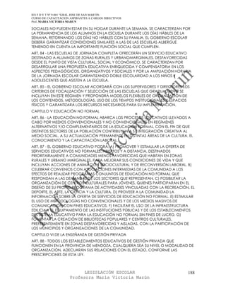 IES F D Y T Nº 9-001 “GRAL JOSE DE SAN MARTIN
CURSO DE CAPACITACION ASPIRANTES A CARGOS DIRECTIVOS
Prof. MARIA VICTORIA MARUN

SOCIALES NO PUEDEN ESTAR EN SU HOGAR DURANTE LA SEMANA. SE CARACTERIZAN POR
LA PERMANENCIA DE LOS ALUMNOS EN LA ESCUELA DURANTE LOS DÍAS HÁBILES DE LA
SEMANA, RETORNANDO LOS DÍAS NO HÁBILES CON SU FAMILIA. EL GOBIERNO ESCOLAR
DEBERÁ GARANTIZAR CONDICIONES SIMILARES A LAS DE LAS ESCUELAS ALBERGUE
TENIENDO EN CUENTA LA IMPORTANTE FUNCIÓN SOCIAL QUE CUMPLEN.
ART. 84 - LAS ESCUELAS DE JORNADA COMPLETA OFRECERÁN UN SERVICIO EDUCATIVO
DESTINADO A ALUMNOS DE ZONAS RURALES Y URBANOMARGINALES, DESFAVORECIDAS
DESDE EL PUNTO DE VISTA CULTURAL, SOCIAL Y ECONÓMICO. SE CARACTERIZAN POR
DESARROLLAR UNA PROPUESTA EDUCATIVA ENRIQUECIDA Y COMPENSATORIA EN LOS
ASPECTOS PEDAGÓGICOS, ORGANIZATIVOS Y SOCIALES Y POR LA AMPLIACIÓN HORARIA
DE LA JORNADA ESCOLAR GARANTIZANDO DOBLE ESCOLARIDAD A LOS NIÑOS Y
ADOLESCENTES QUE ASISTEN A LA ESCUELA.
ART. 85 - EL GOBIERNO ESCOLAR ACORDARÁ CON LOS SUPERVISORES Y DIRECTORES LOS
CRITERIOS DE FOCALIZACIÓN Y SELECCIÓN DE LAS ESCUELAS QUE GRADUALMENTE SE
INCLUYAN EN ESTE RÉGIMEN Y PROPONDRÁ MODELOS FLEXIBLES DE ORGANIZACIÓN DE
LOS CONTENIDOS, METODOLOGÍAS, USO DE LOS TIEMPOS INSTITUCIONALES Y ESPACIOS
FÍSICOS Y GARANTIZARÁ LOS RECURSOS NECESARIOS PARA SU IMPLEMENTACIÓN.
CAPITULO V EDUCACIÓN NO FORMAL
ART. 86 - LA EDUCACIÓN NO FORMAL ABARCA LOS PROCESOS EDUCATIVOS LLEVADOS A
CABO POR MEDIOS CONVENCIONALES Y NO CONVENCIONALES EN REGÍMENES
ALTERNATIVOS Y/O COMPLEMENTARIOS DE LA EDUCACIÓN FORMAL, CON EL FIN DE QUE
DISTINTOS SECTORES DE LA POBLACIÓN CONTRIBUYAN A SU INTEGRACIÓN CREATIVA AL
MEDIO SOCIAL, A SU ACTUALIZACIÓN PERMANENTE EN DISTINTAS ÁREAS DE LA CULTURA, EL
CONOCIMIENTO Y LA CAPACITACIÓN LABORAL.
ART. 87 - EL GOBIERNO EDUCATIVO PODRÁ: A) PROMOVER Y ESTIMULAR LA OFERTA DE
SERVICIOS EDUCATIVOS NO FORMALES, ABIERTOS Y A DISTANCIA, DESTINADOS
PRIORITARIAMENTE A COMUNIDADES MENOS FAVORECIDAS QUE HABITAN EN ZONAS
RURALES Y URBANO MARGINALES, PARA MEJORAR SUS CONDICIONES DE VIDA Y QUE
INCLUYAN ACCIONES DE ANIMACIÓN SOCIOCULTURAL Y DE RECONVERSIÓN LABORAL. B)
CELEBRAR CONVENIOS CON ASOCIACIONES INTERMEDIAS DE LA COMUNIDAD A LOS
EFECTOS DE REALIZAR PROGRAMAS CONJUNTOS DE EDUCACIÓN NO FORMAL QUE
RESPONDAN A LAS DEMANDAS DE LOS SECTORES QUE REPRESENTAN. C) POSIBILITAR LA
ORGANIZACIÓN DE CENTROS CULTURALES PARA JÓVENES, QUIENES PARTICIPARÁN EN EL
DISEÑO DE SU PROPIO PROGRAMA DE ACTIVIDADES VINCULADAS CON LA RECREACIÓN, EL
DEPORTE, EL ARTE, LA CIENCIA Y LA CULTURA. D) PROVEER A LA COMUNIDAD LA
INFORMACIÓN SOBRE LA OFERTA DE SERVICIOS DE EDUCACIÓN NO FORMAL. E) ESTIMULAR
EL USO DE METODOLOGÍAS NO CONVENCIONALES Y DE LOS MEDIOS MASIVOS DE
COMUNICACIÓN CON FINES EDUCATIVOS. F) FACILITAR EL USO DE LA INFRAESTRUCTURA
EDILICIA Y EL EQUIPAMIENTO DE LAS INSTITUCIONES PÚBLICAS Y DE LOS ESTABLECIMIENTOS
DEL SISTEMA EDUCATIVO PARA LA EDUCACIÓN NO FORMAL SIN FINES DE LUCRO. G)
FOMENTAR LA CREACIÓN DE BIBLIOTECAS POPULARES Y CENTROS CULTURALES,
PREFERENTEMENTE EN ZONAS DESFAVORECIDAS Y AISLADAS, CON LA PARTICIPACIÓN DE
LOS MUNICIPIOS Y ORGANIZACIONES DE LA COMUNIDAD.
CAPITULO VI DE LA ENSEÑANZA DE GESTIÓN PRIVADA
ART. 88 - TODOS LOS ESTABLECIMIENTOS EDUCATIVOS DE GESTIÓN PRIVADA QUE
FUNCIONEN EN LA PROVINCIA DE MENDOZA, CUALQUIERA SEA SU NIVEL O MODALIDAD DE
ORGANIZACIÓN, ADECUARÁN SUS RELACIONES CON EL ESTADO, CONFORME LAS
PRESCRIPCIONES DE ESTA LEY.



                            LEGISLACIÓN ESCOLAR                               188
                      Profesora María Victoria Marún
 