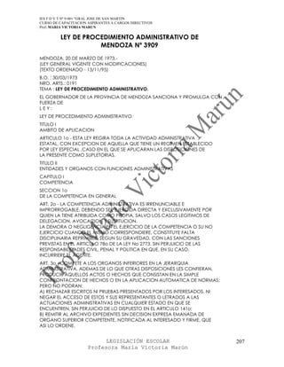 IES F D Y T Nº 9-001 “GRAL JOSE DE SAN MARTIN
CURSO DE CAPACITACION ASPIRANTES A CARGOS DIRECTIVOS
Prof. MARIA VICTORIA MARUN

         LEY DE PROCEDIMIENTO ADMINISTRATIVO DE
                    MENDOZA Nº 3909
MENDOZA, 20 DE MARZO DE 1973.-
(LEY GENERAL VIGENTE CON MODIFICACIONES)
(TEXTO ORDENADO - 13/11/95)
B.O. : 30/03/1973
NRO. ARTS.: 0191
TEMA : LEY DE PROCEDIMIENTO ADMINISTRATIVO.
EL GOBERNADOR DE LA PROVINCIA DE MENDOZA SANCIONA Y PROMULGA CON
FUERZA DE
LEY:
LEY DE PROCEDIMIENTO ADMINISTRATIVO
TITULO I
AMBITO DE APLICACION
ARTICULO 1o - ESTA LEY REGIRA TODA LA ACTIVIDAD ADMINISTRATIVA
ESTATAL, CON EXCEPCION DE AQUELLA QUE TIENE UN REGIMEN ESTABLECIDO
POR LEY ESPECIAL ,CASO EN EL QUE SE APLICARAN LAS DISPOSICIONES DE
LA PRESENTE COMO SUPLETORIAS.
TITULO II
ENTIDADES Y ORGANOS CON FUNCIONES ADMINISTRATIVAS
CAPITULO I
COMPETENCIA
SECCION 1o
DE LA COMPETENCIA EN GENERAL
ART. 2o - LA COMPETENCIA ADMINISTRATIVA ES IRRENUNCIABLE E
IMPRORROGABLE, DEBIENDO SER EJERCIDA DIRECTA Y EXCLUSIVAMENTE POR
QUIEN LA TIENE ATRIBUIDA COMO PROPIA, SALVO LOS CASOS LEGITIMOS DE
DELEGACION, AVOCACION Y SUSTITUCION.
LA DEMORA O NEGLIGENCIA EN EL EJERCICIO DE LA COMPETENCIA O SU NO
EJERCICIO CUANDO EL MISMO CORRESPONDIERE, CONSTITUYE FALTA
DISCIPLINARIA REPRIMIBLE, SEGUN SU GRAVEDAD, CON LAS SANCIONES
PREVISTAS EN EL ARTICULO 78o DE LA LEY No 2773, SIN PERJUICIO DE LAS
RESPONSABILIDADES CIVIL, PENAL Y POLITICA EN QUE, EN SU CASO,
INCURRIERE EL AGENTE.
ART. 3o - COMPETE A LOS ORGANOS INFERIORES EN LA JERARQUIA
ADMINISTRATIVA, ADEMAS DE LO QUE OTRAS DISPOSICIONES LES CONFIERAN,
PRODUCIR AQUELLOS ACTOS O HECHOS QUE CONSISTAN EN LA SIMPLE
CONFRONTACION DE HECHOS O EN LA APLICACION AUTOMATICA DE NORMAS;
PERO NO PODRAN:
A) RECHAZAR ESCRITOS NI PRUEBAS PRESENTADOS POR LOS INTERESADOS, NI
NEGAR EL ACCESO DE ESTOS Y SUS REPRESENTANTES O LETRADOS A LAS
ACTUACIONES ADMINISTRATIVAS EN CUALQUIER ESTADO EN QUE SE
ENCUENTREN, SIN PERJUICIO DE LO DISPUESTO EN EL ARTICULO 141o;
B) REMITIR AL ARCHIVO EXPEDIENTES SIN DECISION EXPRESA EMANADA DE
ORGANO SUPERIOR COMPETENTE, NOTIFICADA AL INTERESADO Y FIRME, QUE
ASI LO ORDENE.


                            LEGISLACIÓN ESCOLAR                        207
                      Profesora María Victoria Marún
 