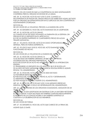 IES F D Y T Nº 9-001 “GRAL JOSE DE SAN MARTIN
CURSO DE CAPACITACION ASPIRANTES A CARGOS DIRECTIVOS
Prof. MARIA VICTORIA MARUN

GRADO, EN LOS CASOS EN QUE LA COMPETENCIA HA SIDO LEGITIMAMENTE
CONFERIDA PERO EL ORGANO SE EXCEDE DE LA MISMA.
ART. 58 - EL VICIO DEL ACTO ES MUY LEVE O LEVE, CUANDO LA
INCOMPETENCIA EN RAZON DEL GRADO RESULTA DE HABER SIDO AQUEL DICTADO
POR UN ORGANO SIN EXTRALIMITACION EN EL EJERCICIO DE UNA COMPETENCIA
ILEGITIMAMENTE OTORGADA.
SECCION 4o
DE LOS VICIOS DE LA VOLUNTAD, PREVIOS A LA EMISION DEL ACTO
ART. 59 - ES GROSERO EL VICIO DEL ACTO EMANADO DE UN USURPADOR.
ART. 60 - EL VICIO DEL ACTO ES GRAVE:
A) CUANDO SE HA DICTADO VIOLANDO LA GARANTIA DE LA DEFENSA, SIN
PERJUICIO DE LO DISPUESTO EN EL ARTICULO 61.
B) SI SE HA EMITIDO EMITIENDO EL CUMPLIMIENTO PREVIO DE ALGUN
TRAMITE SUSTANCIAL.
ART. 61 - ES LEVE EL VICIO DEL ACTO SI HA DADO OPORTUNIDAD DE
DEFENSA, PERO EN FORMA IMPERFECTA.
ART. 62 - ES LEVE O MUY LEVE EL VICIO DEL ACTO EMANADO DE UN
FUNCIONARIO DE HECHO.
SECCION 5o
DE LOS VICIOS DE LA VOLUNTAD EN LA EMISION DEL ACTO
ART. 63 - EL VICIO DEL ACTO ES GRAVE, SI:
A) ES DICTADO SIN HABERSE OBTENIDO, EN SU CASO, LA PREVIA
AUTORIZACION DEL ORGANO PERTINENTE.
B) ES EJECUCION DE UN ACTO NO APROBADO, SIENDO LA APROBACION
EXIGIDA.
C) TRANSGREDE LO DISPUESTO EN LOS ARTICULO 38 O 39 DE ESTA LEY.
D) HA SIDO DICTADO MEDIANDO CONNIVENCIA DOLOSA ENTRE EL AGENTE
ESTATAL Y EL ADMINISTRADO.
ART. 64 - EL VICIO DEL ACTO ES LEVE, SI HA SIDO DICTADO:
A) POR ERROR ESENCIAL DEL AGENTE.
B) POR DOLO DEL ADMINISTRADO, PREVIO AL ACTO Y DETERMINANTE.
C) MEDIANDO DOLO DEL AGENTE.
D) POR VIOLENCIA SOBRE EL AGENTE O EL ADMINISTRADO.
ART. 65 - EL VICIO DEL ACTO ES MUY LEVE, SI HA MEDIADO ERROR NO
ESENCIAL DEL AGENTE O DOLO NO DETERMINANTE DEL ADMINISTRADO.
ART. 66 - LAS DECISIONES DE LOS ORGANOS COLEGIADOS, ADOLECEN DE UN
VICIO:
A) GROSERO, SI SON ADOPTADAS SIN QUORUM O SIN LA MAYORIA NECESARIA.
B) LEVE O GRAVE, SI SON DICTADAS SIN HABERSE CUMPLIDO REGULARMENTE
EL REQUISITO DE LA CONVOCATORIA O SIN HABERSE SOMETIDO LA
CUESTION A LA DELIBERACION DE SUS MIEMBROS.
SECCION 6o
DE LOS VICIOS DE FORMA
ART. 67 - ES GROSERO EL VICIO DEL ACTO QUE CARECE DE LA FIRMA DEL
AGENTE QUE LO EMITE.



                            LEGISLACIÓN ESCOLAR                        216
                      Profesora María Victoria Marún
 