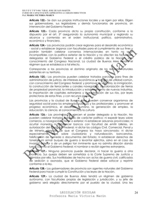 IES F D Y T Nº 9-001 “GRAL JOSE DE SAN MARTIN
CURSO DE CAPACITACION ASPIRANTES A CARGOS DIRECTIVOS
Prof. MARIA VICTORIA MARUN

     Artículo 122.- Se dan sus propias instituciones locales y se rigen por ellas. Eligen
     sus gobernadores, sus legisladores y demás funcionarios de provincia, sin
     intervención del Gobierno Federal.
     Artículo 123.- Cada provincia dicta su propia constitución, conforme a lo
     dispuesto por el art. 5° asegurando la autonomía municipal y reglando su
     alcance y contenido en el orden institucional, político, administrativo,
     económico y financiero.
     Artículo 124.- Las provincias podrán crear regiones para el desarrollo económico
     - social y establecer órganos con facultades para el cumplimiento de sus fines y
     podrán también celebrar convenios internacionales en tanto no sean
     incompatibles con la política exterior de la Nación y no afecten las facultades
     delegadas al Gobierno Federal o el crédito público de la Nación; con
     conocimiento del Congreso Nacional. La ciudad de Buenos Aires tendrá el
     régimen que se establezca a tal efecto.
     Corresponde a las provincias el dominio originario de los recursos naturales
     existentes en su territorio.
     Artículo 125.- Las provincias pueden celebrar tratados parciales para fines de
     administración de justicia, de intereses económicos y trabajos de utilidad común,
     con conocimiento del Congreso Federal; y promover su industria, la inmigración,
     la construcción de ferrocarriles y canales navegables, la colonización de tierras
     de propiedad provincial, la introducción y establecimiento de nuevas industrias,
     la importación de capitales extranjeros y la exploración de sus ríos, por leyes
     protectoras de estos fines, y con recursos propios.
     Las provincias y la ciudad de Buenos Aires pueden conservar organismos de
     seguridad social para los empleados públicos y los profesionales; y promover el
     progreso económico, el desarrollo humano, la generación de empleo, la
     educación, la ciencia, el conocimiento y la cultura.
     Artículo 126.- Las provincias no ejercen el poder delegado a la Nación. No
     pueden celebrar tratados parciales de carácter político; ni expedir leyes sobre
     comercio, o navegación interior o exterior; ni establecer aduanas provinciales; ni
     acuñar moneda; ni establecer bancos con facultad de emitir billetes, sin
     autorización del Congreso Federal; ni dictar los códigos Civil, Comercial, Penal y
     de Minería, después de que el Congreso los haya sancionado; ni dictar
     especialmente leyes sobre ciudadanía y naturalización, bancarrotas,
     falsificación de moneda o documentos del Estado; ni establecer derechos de
     tonelaje; ni armar buques de guerra o levantar ejércitos, salvo en el caso de
     invasión exterior o de un peligro tan inminente que no admita dilación dando
     luego cuenta al Gobierno Federal; ni nombrar o recibir agentes extranjeros.
     Artículo 127.- Ninguna provincia puede declarar, ni hacer la guerra a otra
     provincia. Sus quejas deben ser sometidas a la Corte Suprema de Justicia y
     dirimidas por ella. Sus hostilidades de hecho son actos de guerra civil, calificados
     de sedición o asonada, que el Gobierno Federal debe sofocar y reprimir
     conforme a la ley.
     Artículo 128.- Los gobernadores de provincia son agentes naturales del Gobierno
     Federal para hacer cumplir la Constitución y las leyes de la Nación.
     Artículo 129.- La ciudad de Buenos Aires tendrá un régimen de gobierno
     autónomo, con facultades propias de legislación y jurisdicción, y su jefe de
     gobierno será elegido directamente por el pueblo de la ciudad. Una ley


                            LEGISLACIÓN ESCOLAR                                             24
                      Profesora María Victoria Marún
 