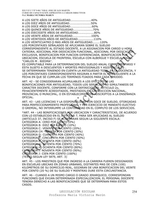 IES F D Y T Nº 9-001 “GRAL JOSE DE SAN MARTIN
CURSO DE CAPACITACION ASPIRANTES A CARGOS DIRECTIVOS
Prof. MARIA VICTORIA MARUN

A LOS SIETE AÑOS DE ANTIGUEDAD......................40%
A LOS DIEZ AÑOS DE ANTIGUEDAD.......................50%
A LOS DOCE AÑOS DE ANTIGUEDAD.......................60%
A LOS QUINCE AÑOS DE ANTIGUEDAD.....................70%
A LOS DIECISIETE AÑOS DE ANTIGUEDAD.................80%
A LOS VEINTE AÑOS DE ANTIGUEDAD....................100%
A LOS VEINTIDOS AÑOS DE ANTIGUEDAD.................110%
A LOS VEINTICUATRO O MAS AÑOS DE ANTIGUEDAD........120%
LOS PORCENTAJES SEÑALADOS SE APLICARAN SOBRE EL SUELDO
CORRESPONDIENTE AL ESTADO DOCENTE, A LA ASIGNACION POR CARGO U HORA
CATEDRA, ADICIONAL POR DEDICACION FUNCIONAL, ADICIONAL POR DEDICACION
EXCLUSIVA, BONIFICACION POR FUNCION DIFERENCIADA, BONIFICACION POR
UBICACION, ESCUELA DE FRONTERA, ESCUELA CON ALBERGUE Y ESCUELA HOGAR
"CARLOS M . BIEDMA".
ES COMPUTABLE PARA LA DETERMINACION DEL SUELDO ANUAL COMPLEMENTARIO Y
ESTA SUJETO A DESCUENTOS Y APORTES PREVISIONALES Y ASISTENCIALES .
SE DETERMINARA TENIENDO EN CUENTA LA ANTIGUEDAD TOTAL EN LA DOCENCIA, Y
LOS PORCENTAJES CORRESPONDIENTES REGIRAN A PARTIR EL MES SIGUIENTE A LA
FECHA EN QUE SE CUMPLAN LOS TERMINOS FIJADOS PARA CADA PERIODO.
ART. 42 - SE CONSIDERARAN ACUMULABLES A LOS EFECTOS DE LAS
BONIFICACIONES POR ANTIGUEDAD, TODOS LOS SERVICIOS NO SIMULTANEOS DE
CARACTER DOCENTE, CONFORME CON LA DEFINICIONDEL ARTICULO 2o,
FEHACIENTEMENTE ACREDITADOS, PRESTADOS EN JURISDICCION NACIONAL,
PROVINCIAL O MUNICIPAL, O EN ESTABLECIMIENTOS ADSCRIPTOS A LA ENSEÑANZA
OFICIAL.
ART. 43 - LAS LICENCIAS Y LA DISPONIBILIDAD CON GOCE DE SUELDO, OTORGADAS
PARA PERFECCIONAMIENTO PROFESIONAL Y POR EJERCICIO DE MANDATO ELECTIVO
O GREMIAL, NO INTERRUMPE LA CONTINUIDAD EN EL COMPUTO DE LOS SERVICIOS.
*ART. 44 - LAS BONIFICACIONES POR UBICACION Y CARACTERISTICAS, DE ACUERDO
CON LO ESTABLECIDO EN EL ARTICULO 7, PARA SER APLICADAS AL SUELDO
(ARTICULO 37, INCISO F) SE ACORDARAN SEGUN LA SIGUIENTE ESCALA:
CATEGORIA A: CERO POR CIENTO (0%)
CATEGORIA B: DIEZ POR CIENTO (10%)
CATEGORIA C: VENINTE POR CIENTO (20%)
CATEGORIA CH: TREINTA POR CIENTO (30%)
CATEGORIA D: CUARENTA POR CIENTO (40%)
CATEGORIA E: CINCUENTA POR CIENTO (50%)
CATEGORIA F: SESENTA POR CIENTO (60%)
CATEGORIA G: SETENTA POR CIENTO (70%)
CATEGORIA H: OCHENTA POR CIENTO (80%)
CATEGORIA I: NOVENTA POR CIENTO (90%)
CATEGORIA J: CIEN POR CIENTO (100%)
(TEXTO SEGUN LEY 5879, ART. 3)
ART. 45 - LOS MAESTROS QUE POR INGRESO A LA CARRERA FUEREN DESIGNADOS
EN ESCUELAS UBICAAS EN ZONAS URBANAS, DISTANTES MAS DE CIEN (100)
KILOMETROS DE SU DOMICILIO REAL, GOZARAN DE UNA BONIFICACION DEL VEINTE
POR CIENTO (20 %) DE SU SUELDO Y MIENTRAS DURE ESTA CIRCUNSTANCIA.
ART. 46 - CUANDO A UN MISMO CARGO O GRADO JERARQUICO, CORRESPONDAN
FUNCIONES QUE EXIJAN DETERMINADA ESPECIALIZACION, EL PERSONAL DOCENTE
TENDRA DERECHO A LAS BONIFICACIONES QUE SE DETERMINAN PARA ESTOS
CASOS.

                            LEGISLACIÓN ESCOLAR                       254
                      Profesora María Victoria Marún
 