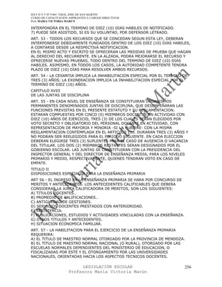 IES F D Y T Nº 9-001 “GRAL JOSE DE SAN MARTIN
CURSO DE CAPACITACION ASPIRANTES A CARGOS DIRECTIVOS
Prof. MARIA VICTORIA MARUN

INTERPONDRA EN EL TERMINO DE DIEZ (10) DIAS HABILES DE NOTIFICADO.
7) PUEDE SER ASISTIDO, SI ES SU VOLUNTAD, POR DEFENSOR LETRADO.
ART. 53 - TODOS LOS RECURSOS QUE SE CONCEDAN SEGUN ESTA LEY, DEBERAN
INTERPONERSE DEBIDAMENTE FUNDADOS DENTRO DE LOS DIEZ (10) DIAS HABILES,
A CONTARSE DESDE LA RESPECTIVA NOTIFICACION.
EN EL MISMO ACTO Y ESCRITO SE OFRECERAN LAS MEDIDAS DE PRUEBA QUE HAGAN
AL DERECHO DEL RECURRENTE. EN LA ALZADA, PODRA MEJORARSE EL RECURSO Y
OFRECERSE NUEVAS PRUEBAS, TODO DENTRO DEL TERMINO DE DIEZ (10) DIAS
HABILES. ASIMISMO, EN TODOS LOS CASOS, LA AUTORIDAD COMPETENTE TENDRA
PLAZO DE DIEZ (10) DIAS PARA RESOLVER AMBOS RECURSOS.
ART. 54 - LA CESANTIA IMPLICA LA INHABILITACION ESPECIAL POR EL TERMINO DE
TRES (3) AÑOS; LA EXONERACION IMPLICA LA INHABILITACION ESPECIAL POR EL
TERMINO DE DIEZ (10) AÑOS.
CAPITULO XVIII
DE LAS JUNTAS DE DISCIPLINA
ART. 55 - EN CADA NIVEL DE ENSEÑANZA SE CONSTITUIRAN ORGANISMOS
PERMANENTES DENOMINADOS JUNTAS DE DISCIPLINA, QUE DESEMPEÑARAN LAS
FUNCIONES PREVISTAS EN EL PRESENTE ESTATUTO Y SU REGLAMENTACION.
ESTARAN COMPUESTAS POR CINCO (5) MIEMBROS DOCENTES EN ACTIVIDAD CON
DIEZ (10) AÑOS DE EJERCICIO, TRES (3) DE LOS CUALES SERAN ELEGIDOS POR
VOTO SECRETO Y OBLIGATORIO DEL PERSONAL DOCENTE EN ACTIVIDAD, CON
REPRESENTACION DE MAYORIA Y MINORIA -SI LA HUBIERE- CON LA MISMA
REGLAMENTACION CONTEMPLADA EN EL ARTICULO 11o. DURARAN TRES (3) AÑOS Y
NO PODRAN SER REELEGIDOS PARA EL PERIODO SIGUIENTE. EN CADA ELECCION
DEBERAN ELEGIRSE TRES (3) SUPLENTES PARA EL CASO DE AUSENCIA O VACANCIA
DEL TITULAR. LOS DOS (2) MIEMBROS RESTANTES SERAN DESIGNADOS POR EL
GOBIERNO ESCOLAR. LAS JUNTAS SE CONSTITUIRAN CON LA PRESIDENCIA DEL
INSPECTOR GENERAL Y DEL DIRECTOR DE ENSEÑANZA MEDIA, PARA LOS NIVELES
PRIMARIO Y MEDIO, RESPECTIVAMENTE, QUIENES TENDRAN VOTO EN CASO DE
EMPATE.
TITULO II
DISPOSICIONES ESPECIALES PARA LA ENSEÑANZA PRIMARIA
ART 56 - EL INGRESO EN LA ENSEÑANZA PRIMARIA SE HARA POR CONCURSO DE
MERITOS Y ANTECEDENTES. LOS ANTECEDENTES CALIFICABLES QUE DEBERA
CONSIDERAR LA JUNTA CALIFICADORA DE MERITOS, SON LOS SIGUIENTES:
A) TITULOS DOCENTES..
B) PROMEDIO DE CALIFICACIONES..
C) ANTIGUEDAD DE GESTIONES.
D) SERVICIOS DOCENTES PRESTADOS CON ANTERIORIDAD.
E) RESISTENCIA.
F) PUBLICACIONES, ESTUDIOS Y ACTIVIDADES VINCULADAS CON LA ENSEÑANZA.
G) OTROS TITULOS Y ANTECEDENTES.
H) SITUACION ECONOMICA FAMILIAR.
ART. 57 - LA HABILITACION PARA EL EJERCICIO DE LA ENSEÑANZA PRIMARIA
REQUERIRA:
A) EL TITULO DE MAESTRO NORMAL OTORGADO POR LA PROVINCIA DE MENDOZA.
B) EL TITULO DE MAESTRO NORMAL NACIONAL (O RURAL), OTORGADO POR LAS
ESCUELAS NORMALES DEPENDIENTES DEL MINISTERIO DE EDUCACION, O
FISCALIZADAS POR ESTE Y EL OTORGAMIENTO POR LAS UNIVERSIDADES
NACIONALES, ORIENTADAS HACIA LOS ASPECTOS TECNICOS DOCENTES.

                            LEGISLACIÓN ESCOLAR                         256
                      Profesora María Victoria Marún
 