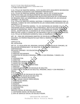 IES F D Y T Nº 9-001 “GRAL JOSE DE SAN MARTIN
CURSO DE CAPACITACION ASPIRANTES A CARGOS DIRECTIVOS
Prof. MARIA VICTORIA MARUN

C) EL TITULO DE MAESTRO NORMAL, CUYA VALIDEZ ESTE LEGALMENTE RECONOCIDA
POR TRATADOS SUSCRIPTOS CON GOBIERNOS PROVINCIALES.
D) EL TITULO DE MAESTRO NORMAL NACIONAL, MAS EL DE LA ESPECIALIDAD
RESPECTIVA PARA LOS ESTABLECIMIENTOS DE EDUCACION DIFERENCIADA.
E) EL TITULO DOCENTE OTORGADO POR INSTITUTOS OFICIALES DE LA PROVINCIA
DE MENDOZA PARA LAS DENOMINADAS MATERIAS ESPECIALES DE LAS ESCUELAS
COMUNES Y DE ADULTOS.
F) EL TITULO DE MAESTRO NORMAL NACIONAL E IDONEIDAD COMPROBADA PARA LA
FUNCION, CUANDO NO HAYA ASPIRANTES EN LAS CONDICIONES INDICADAS EN LOS
INCISOS D) Y E).
G) EL TITULO DE MAESTRO NORMAL Y EL DE VISITADORA DE HIGIENE O EL DE
VISITADORA SOCIAL EXPEDIDO POR LA PROVINCIA, INSTITUTOS OFICIALES DE LA
NACION O PROVINCIAS, PARA EL CARGO DE VISITADORA DE HIGIENE, ESCOLAR O
SOCIAL. EXCEPTUASE DE LA EXIGENCIA DE TITULO DOCENTE A LOS CONTRATADOS
PARA DICTAR CLASES O CURSOS DE LAS MATERIAS A QUE SE REFIERE ESTE INCISO.
H) EL TITULO DE PROFESOR ELEMENTAL PARA LA ENSEÑANZA PRIMARIA.
ART. 58 - PARA SER DESIGNADO MAESTRO DE ESCUELAS PARA ADULTOS, SE
EXIGIRAN LOS MISMOS REQUISITOS QUE PARA EL INGRESO EN LA DOCENCIA
PRIMARIA.
CAPITULO XX
DEL ESCALAFON
ART 59 - EL ESCALAFON DEL PERSONAL DOCENTE DE LAS ESCUELAS COMUNES, DE
EDUCACION DIFERENCIADA Y DE ADULTOS, ES EL QUE SE CONSIGNA A
CONTINUACION:
ESCUELAS COMUNES Y DE EDUCACION DIFERENCIADA
1) MAESTRO.
2) MAESTRO SECUNDARIO.
3) DIRECTOR DE ESCUELA PERSONAL UNICO O CON PERSONAL Y GRADO A SU
CARGO.
4) VICEDIRECTOR.
5) DIRECTOR.
6) INSPECTOR TECNICO SECCIONAL.
7) INSPECTOR TECNICO DE REGION.
ESCUELAS DE ADULTOS Y VESPERTINAS
1) MAESTRO.
2) MAESTRO SECRETARIO DE ESCUELAS DE ADULTOS.
3) DIRECTOR DE ESCUELAS DE ADULTOS, PERSONAL UNICO Y CON PERSONAL Y
GRADO
A SU CARGO.
4) VICEDIRECTOR DE ESCUELAS DE ADULTOS.
5) DIRECTOR DE ESCUELAS DE ADULTOS.
6) INSPECTOR TECNICO SECCIONAL.
ESCUELA HOGAR CARLOS MARIA BIEDMA
1) MAESTRO DE GRADO.
2) SUBREGENTE.
3) REGENTE.
4) SECRETARIO TECNICO.
5) VICEDIRECTOR.
6) DIRECTOR.
SERVICIO SOCIAL DE ESCUELA HOGAR
1) VISITADORA SOCIAL DE ESCUELA HOGAR.
2) JEFA DE SERVICIO SOCIAL DE ESCUELA HOGAR.

                            LEGISLACIÓN ESCOLAR                       257
                      Profesora María Victoria Marún
 