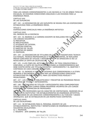IES F D Y T Nº 9-001 “GRAL JOSE DE SAN MARTIN
CURSO DE CAPACITACION ASPIRANTES A CARGOS DIRECTIVOS
Prof. MARIA VICTORIA MARUN

PARA LOS CARGOS CORRESPONDIENTES A LOS INCISOS A) Y B) DE AMBOS TIPOS DE
ESCUELAS, SE EXIGIRAN CONDICIONES ANALOGAS A LAS EXIGIDAS PARA LA
ENSEÑANZA MEDIA.
CAPITULO XXX
DE LAS SUPLENCIAS
ART. 102 - LA DESIGNACION DE LOS SUPLENTES SE REGIRA POR LAS DISPOSICONES
ESTABLECIDAS PARA LA ENSEÑANZA MEDIA.
TITULO V
DISPOSICIONES ESPECIALES PARA LA ENSEÑANZA ARTISTICA
CAPITULO XXXI
DEL INGRESO EN LA DOCENCIA
ART. 103 - EL INGRESO A LA CARRERA DOCENTE SE REALIZARA POR CUALQUIERA DE
LOS CARGOS SIGUIENTES:
A) PRECEPTOR.
B) BIBLIOTECARIO.
C) AYUDANTE DE CATEDRA.
D) MAESTRO ESPECIAL.
E) MAESTRO DE TALLER.
F) MAESTRO DE GRADO.
G) PROFESOR.
ART. 104 - LA DESIGNACION DE TITULARES EN CARGOS O ASIGNATURAS TECNICA-
CULTURALES, TECNICO-PROFESIONALES O TECNICO-DOCENTES, SE REALIZARA
PREVIO CONCURSO DE TITULOS Y ANTECEDENTES, Y DE OPOSICION SI ASI LO
RESOLVIERA LA JUNTA DE CALIFICACION.
ART. 105 - A LOS FINES DEL ARTICULO ANTERIOR, EN TODA CONVOCATORIA A
CONCURSO, LA JUNTA DE CALIFICACION PRECISARA LA CORRESPONDENCIA QUE
DEBE EXISTIR ENTRE LOS TITULOS DOCENTES Y ANTECEDENTES Y EL OBJETIVO Y
CONTENIDO DE CADA CARGO O ASIGNATURA.
ART. 106 - EL INGRESO A CARGOS O CATEDRAS QUE CORRESPONDAN A LA ETAPA
PRIMARIA O SECUNDARIA, SE REGIRA POR LAS DISPOSICIONES ESPECIALES
ESTABLECIDAS EN ESTE ESTATUTO, PARA LOS RESPECTIVOS NIVELES Y
MODALIDADES.
ART. 107 - LOS CARGOS DE BIBLIOTECARIO Y PRECEPTOR SE PROVEERAN PREVIO
CONCURSO DE TITULOS Y ANTECEDENTES.
ART. 108 - EL CONCURSO DE TITULOS Y ANTECEDENTES SERA COMPLEMENTADO
CON EL DE OPOSICION CUANDO DEBAN PROVEERSE VACANTES EN LOS CURSOS
SUPERIORES DE FORMACION DE PROFESORES.
ART. 109 - LOS PROFESORES QUE EN CARACTER DE CONTRATADOS, INGRESEN EN LA
DOCENCIA EN INSTITUTOS Y EN ESTABLECIMIENTOS DE ENSEÑANZA ARTISTITCA,
SOLO GOZARAN DE LOS DERECHOS CORRESPONDIENTES A SU FUNCION Y GRADO
JERARQUICO, QUE SE ESTABLEZCAN EN LOS RESPECTIVOS CONTRATOS.
CAPITULO XXXII
DE LOS ESCALAFONES
ART. 110 - SE ESTABLECEN PARA EL PERSONAL DOCENTE DE LOS
ESTABLECIMIENTOS, INSTITUTOS Y REPARTICIONES DE ENSEÑANZA ARTISTICA LOS
SIGUIENTES ESCALAFONES:
A) 1. PROFESOR.
2. REGENTE - JEFE GENERAL DE TALLER.

                            LEGISLACIÓN ESCOLAR                          264
                      Profesora María Victoria Marún
 
