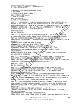 IES F D Y T Nº 9-001 “GRAL JOSE DE SAN MARTIN
CURSO DE CAPACITACION ASPIRANTES A CARGOS DIRECTIVOS
Prof. MARIA VICTORIA MARUN

3. VICEDIRECTOR O ENCARGADO DE CICLO.
4. DIRECTOR.
5. INSPECTOR TECNICO DE ARTES.
B) 1. MAESTRO DE TALLER.
2. JEFE DE TALLER.
C) 1. PRECEPTOR.
2. JEFE DE PRECEPTORES.
ART. 111 - LOS DOCENTES INCLUIDOS EN EL ESCALAFON CORRESPONDIENTE AL
INCISO B) DEL ARTICULO ANTERIOR, PODRAN INGRESAR EN EL ESCALAFON
MENCIONADO EN EL INCISO A) SI ACREDITAN, EN LOS RESPECTIVOS CONCURSOS LA
POSESION DE IGUALES O MEJORES TITULOS, ANTECEDENTES Y MERITOS QUE
LOS EXIGIDOS PARA EL CARGO DE PROFESOR.
CAPITULO XXXIII
DE LOS ASCENSOS
ART. 112 - EL PERSONAL QUE PRESTE SERVICIOS EN LA ENSEÑANZA ARTISTICA
PODRA ASCENDER A CARGOS JERARQUICOS SUPERIORES, DESPUES DE CUMPLIR
CON LAS PRESCRIPCIONES DEL ARTICULO 29o Y LOS INDICES TOTALES DE
ANTIGUEDAD EN LA DOCENCIA, ESTABLECIDOS PARA CADA CASO, EN LA SIGUIENTE
ESCALA:
A) PARA EL JEFE DE TALLER: DOS (2) AÑOS.
B) PARA JEFE DE PRECEPTORES: DOS (2) AÑOS.
C) PARA REGENTE O JEFE GENERAL DE TALLER: TRES (3) AÑOS.
D) PARA VICEDIRECTOR O ENCARGADO DE CICLO: CINCO (5) AÑOS.
E) PARA DIRECTOR: NUEVE (9) AÑOS, DE LOS CUALES DOS (2) COMO
VICEDIRECTOR.
F) PARA INSPECTOR TECNICO DE ARTES: DOCE (12) AÑOS, DE LOS CUALES DOS
(2) AÑOS COMO DIRECTOR.
ART. 113 - LOS DOCENTES QUE ASPIREN A LOS CARGOS DE VICEDIRECTOR O
INSPECTOR DE ARTES, DEBERAN SOMETERSE A CONCURSO DE MERITOS,
ANTECEDENTES Y OPOSICION. PARA EL CARGO DE DIRECTOR DE ARTES SE EXIGIRA
SOLAMENTE CONCURSO DE MERITOS Y ANTECEDENTES.
CAPITULO XXXIV
DE LOS CONCURSOS
ART. 114 - CUANDO SE DEBA PROVEER VACANTES EN LOS INSTITUTOS Y
ESTABLECIMIENTOS DE ENSEÑANZA ARTISTICA, LA JUNTA DE CALIFICACION
ORGANIZARA LOS CONCURSOS DE ACUERDO CON LAS PRESCRIPCIONES
ESTABLECIDAS EN ESTE CAPITULO.
LOS JURADOS QUE CALIFICARAN A LOS CANDIDATOS SE CONSTITUIRAN CON
PROFESIONALES DE RECONOCIDA Y ESPECIALIZADA IDONEIDAD TECNICO-DOCENTE.
ART. 115 - SE EXIGIRA PARA PRECEPTOR EL TITULO DE GRADUADO EN ESCUELA DE
ARTE O EN SU DEFECTO EL DE MAESTRO NORMAL NACIONAL.
ART. 116 - EN LOS CONCURSOS PARA INGRESO O ASCENSO A CARGOS TECNICO-
CULTURALES, TECNICO-PROFESIONALES O TECNICO-DOCENTES, SE OBSERVARA
PARA LA CALIFICACION DE TITULOS Y ANTECEDENTES EL SIGUIENTE ORDEN DE
PRIORIDAD:
1) TITULO DE ACUERDO CON LOS ARTICULOS 16, 17 Y 20.
2) ANTECEDENTES ARTISTICOS, DOCENTES Y PROFESIONALES DE CARACTER
OFICIAL Y PRIVADO.
3) OTROS TITULOS DOCENTES O PROFESIONALES.
4) ESTUDIOS, INVESTIGACIONES, PUBLICACIONES, OBRAS Y OTRAS ACTIVIDADES

                            LEGISLACIÓN ESCOLAR                       265
                      Profesora María Victoria Marún
 