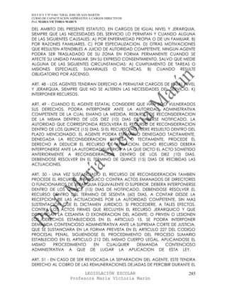 IES F D Y T Nº 9-001 “GRAL JOSE DE SAN MARTIN
CURSO DE CAPACITACION ASPIRANTES A CARGOS DIRECTIVOS
Prof. MARIA VICTORIA MARUN

DEL AMBITO DEL PRESENTE ESTATUTO, EN CARGOS DE IGUAL NIVEL Y JERARQUIA,
SIEMPRE QUE LAS NECESIDADES DEL SERVICIO LO PERMITAN Y CUANDO ALGUNA
DE LAS SIGUIENTES CAUSALES: A) POR ENFERMEDAD PROPIA O DE UN FAMILIAR. B)
POR RAZONES FAMILIARES. C) POR ESPECIALIZACION. D) OTRAS MOTIVACIONES
QUE RESULTEN ATENDIBLES A JUICIO DE AUTORIDAD COMPETENTE. NINGUN AGENTE
PODRA SER TRASLADADO DE SU ZONA EN FORMA PERMANENTE CUANDO SE
AFECTE SU UNIDAD FAMILIAR, SIN SU EXPRESO CONSENTIMIENTO, SALVO QUE MEDIE
ALGUNA DE LAS SIGUIENTES CIRCUNSTANCIAS: A) CUMPLIMIENTO DE TAREAS O
MISIONES ESPECIALES, SUMARIALES O TECNICAS. B) CUANDO RESULTE
OBLIGATORIO POR ASCENSO.

ART. 48 - LOS AGENTES TENDRAN DERECHO A PERMUTAR CARGOS DE IGUAL NIVEL
Y JERARQUIA, SIEMPRE QUE NO SE ALTEREN LAS NECESIDADES DEL SERVICIO. K)
INTERPONER RECURSOS.

ART. 49 - CUANDO EL AGENTE ESTATAL CONSIDERE QUE HAN SIDO VULNERADOS
SUS DERECHOS, PODRA INTERPONER ANTE LA AUTORIDAD ADMINISTRATIVA
COMPETENTE DE LA CUAL EMANO LA MEDIDA, RECURSO DE RECONSIDERACION
DE LA MISMA DENTRO DE LOS DIEZ (10) DIAS DE HABERSE NOTIFICADO. LA
AUTORIDAD QUE CORRESPONDA RESOLVERA EL RECURSO DE RECONSIDERACION
DENTRO DE LOS QUINCE (15) DIAS, SI EL RECURSO NO FUERE RESUELTO DENTRO DEL
PLAZO MENCIONADO, EL AGENTE PODRA ESTIMARLO DENEGADO TACITAMENTE,
DENEGADA LA RECONSIDERACION EXPRESA O TECITAMENTE, PROCEDE EL
DERECHO A DEDUCIR EL RECURSO DE APELACION. DICHO RECURSO DEBERA
INTERPONERSE ANTE LA AUTORIDAD SUPERIOR A LA QUE DICTO EL ACTO SOMETIDO
ANTERIORMENTE A RECONSIDERACION, DENTRO DE LOS DIEZ (10) DIAS,
DEBIENDOSE RESOLVER EN EL TERMINO DE QUINCE (15) DIAS DE RECIBIDAS LAS
ACTUACIONES.

ART. 50 - UNA VEZ SUSTANCIADO EL RECURSO DE RECONSIDERACION TAMBIEN
PROCEDE EL RECURSO JERARQUICO CONTRA ACTOS EMANADOS DE DIRECTORES
O FUNCIONARIOS DE JERARQUIA EQUIVALENTE O SUPERIOR. DEBERA INTERPONERSE
DENTRO DE LOS QUINCE (15) DIAS DE NOTIFICADO, DEBIENDOSE RESOLVER EL
RECURSO DENTRO DEL TERMINO DE SESENTA (60) DIAS, A CONTAR DESDE LA
RECEPCION DE LAS ACTUACIONES POR LA AUTORIDAD COMPETENTE, SIN MAS
SUSTENTACION QUE EL DICTAMEN JURIDICO, SI PROCEDIERE. A TALES EFECTOS,
CONTRA LOS ACTOS FIRMES QUE RECLUYEN EL RECURSO JERARQUICO Y QUE
DISPONGAN LA CESANTIA O EXONERACION DEL AGENTE, O PRIVEN O LESIONEN
LOS DERECHOS ESTABLECIDOS EN EL ARTICULO 15, SE PODRA INTERPONER
DEMANDA CONTENCIOSO ADMINISTRATIVA ANTE LA SUPREMA CORTE DE JUSTICIA,
QUE SE SUSTANCIARA EN LA FORMA PREVISTA EN EL ARTICULO 227 DEL CODIGO
PROCESAL PENAL, SIGUIENDOSE EL PROCEDIMIENTO DEL PROCESO SUMARIO
ESTABLECIDO EN EL ARTICULO 212 DEL MISMO CUERPO LEGAL, APLICANDOSE EL
MISMO     PROCEDIMIENTO    EN   CUALQUIER    DEMANDA      CONTENCIOSO
ADMINISTRATIVA A QUE DE LUGAR LA APLICACION DE ESTA LEY.

ART. 51 - EN CASO DE SER REVOCADA LA SEPARACION DEL AGENTE, ESTE TENDRA
DERECHO AL COBRO DE LAS REMUNERACIONES DEJADAS DE PERCIBIR DURANTE EL

                            LEGISLACIÓN ESCOLAR                       285
                      Profesora María Victoria Marún
 