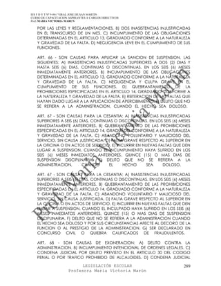 IES F D Y T Nº 9-001 “GRAL JOSE DE SAN MARTIN
CURSO DE CAPACITACION ASPIRANTES A CARGOS DIRECTIVOS
Prof. MARIA VICTORIA MARUN

   POR LAS LEYES Y REGLAMENTACIONES. B) DOS INASISTENCIAS INJUSTIFICADAS
   EN EL TRANSCURSO DE UN MES. C) INCUMPLIMIENTO DE LAS OBLIGACIONES
   DETERMINADAS EN EL ARTICULO 13, GRADUADO CONFORME A LA NATURALEZA
   Y GRAVEDAD DE LA FALTA. D) NEGLIGENCIA LEVE EN EL CUMPLIMIENTO DE SUS
   FUNCIONES.

   ART. 66 - SON CAUSAS PARA APLICAR LA SANCION DE SUSPENSION, LAS
   SIGUIENTES: A) INASISTENCIAS INJUSTIFICADAS SUPERIORES A DOS (2) DIAS Y
   HASTA SEIS (6) DIAS, CONTINUAS O DISCONTINUAS, EN LOS SEIS (6) MESES
   INMEDIATAMENTE ANTERIORES. B) INCUMPLIMIENTO DE LAS OBLIGACIONES
   DETERMINADAS EN EL ARTICULO 13, GRADUADO CONFORME A LA NATURALEZA
   Y GRAVEDAD DE LA FALTA. C) NEGLIGENCIA Y CULPA GRAVE EN EL
   CUMPLIMIENTO DE SUS FUNCIONES. D) QUEBRANTAMIENTO DE LA
   PROHIBICIONES ESPECIFICADAS EN EL ARTICULO 14, GRADUADO CONFORME A
   LA NATURALEZA Y GRAVEDAD DE LA FALTA. E) REITERACION DE LAS FALTAS QUE
   HAYAN DADO LUGAR A LA APLICACION DE APERCIBIMIENTO. F) DELITO QUE NO
   SE REFIERA A LA ADMINISTRACION, CUANDO EL HECHO SEA DOLOSO.

   ART. 67 - SON CAUSAS PARA LA CESANTIA: A) INASISTENCIAS INJUSTIFICADAS
   SUPERIORES A SEIS (6) DIAS, CONTINUAS O DISCONTINUAS, EN LOS SEIS (6) MESES
   INMEDIATAMENTE ANTERIORES. B) QUEBRANTAMIENTO DE LAS PROHIBICIONES
   ESPECIFICADAS EN EL ARTICULO 14, GRADUADO CONFORME A LA NATURALEZA
   Y GRAVEDAD DE LA FALTA. C) ABANDONO VOLUNTARIO Y MALICIOSO DEL
   SERVICIO, SIN CAUSA JUSTIFICADA. D) FALTA GRAVE RESPECTO AL SUPERIOR EN
   LA OFICINA O EN ACTOS DE SERVICIO. E) INCURRIR EN NUEVAS FALTAS QUE DEN
   LUGAR A SUSPENSION, CUANDO EL INCUMPLIMIENTO HAYA SUFRIDO EN LOS
   SEIS (6) MESES INMEDIATOS ANTERIORES, QUINCE (15) O MAS DIAS DE
   SUSPENSION DISCIPLINARIA. F) DELITO QUE NO SE REFIERA A LA
   ADMINISTRACION,        CUANDO      EL     HECHO     SEA     DOLOSO.

   ART. 67 - SON CAUSAS PARA LA CESANTIA: A) INASISTENCIAS INJUSTIFICADAS
   SUPERIORES A SEIS (6) DIAS, CONTINUAS O DISCONTINUAS, EN LOS SEIS (6) MESES
   INMEDIATAMENTE ANTERIORES. B) QUEBRANTAMIENTO DE LAS PROHIBICIONES
   ESPECIFICADAS EN EL ARTICULO 14, GRADUADO CONFORME A LA NATURALEZA
   Y GRAVEDAD DE LA FALTA. C) ABANDONO VOLUNTARIO Y MALICIOSO DEL
   SERVICIO, SIN CAUSA JUSTIFICADA. D) FALTA GRAVE RESPECTO AL SUPERIOR EN
   LA OFICINA O EN ACTOS DE SERVICIO. E) INCURRIR EN NUEVAS FALTAS QUE DEN
   LUGAR A SUSPENSION, CUANDO EL INCULPADO HAYA SUFRIDO EN LOS SEIS (6)
   MESES INMEDIATOS ANTERIORES, QUINCE (15) O MAS DIAS DE SUSPENSION
   DISCIPLINARIA. F) DELITO QUE NO SE REFIERA A LA ADMINISTRACION CUANDO
   EL HECHO SEA DOLOSO Y POR SUS CIRCUNSTANCIAS AFECTE AL DECORO DE LA
   FUNCION O AL PRESTIGIO DE LA ADMINISTRACION. G) SER DECLARADO EN
   CONCURSO CIVIL O QUIEBRA CALIFICADOS DE FRAUDULENTOS.

   ART. 68 - SON CAUSAS DE EXONERACION: A) DELITO CONTRA LA
   ADMINISTRACION. B) INCUMPLIMIENTO INTENCIONAL DE ORDENES LEGALES. C)
   CONDENA JUDICIAL POR DELITO PREVISTO EN EL ARTICULO 30 DEL CODIGO
   PENAL O POR TRAFICO PROHIBIDO DE ALCALOIDES. D) CONDENA JUDICIAL

                            LEGISLACIÓN ESCOLAR                           289
                      Profesora María Victoria Marún
 