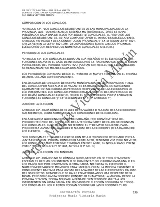 IES F D Y T Nº 9-001 “GRAL JOSE DE SAN MARTIN
CURSO DE CAPACITACION ASPIRANTES A CARGOS DIRECTIVOS
Prof. MARIA VICTORIA MARUN


COMPOSICION DE LOS CONCEJOS

"ARTICULO 43º - "LOS CONCEJOS DELIBERANTES DE LAS MUNICIPALIDADES DE LA
PROVINCIA, QUE TUVIEREN MAS DE SESENTA MIL (60.000) ELECTORES ESTARAN
INTEGRADOS CADA UNA DE ELLOS POR DOCE (12) CONCEJALES. EL RESTO DE LOS
CONCEJOS DELIBERANTES, ESTARA COMPUESTO POR EL MINIMO ESTABLECIDO EN EL
ARTICULO 199 INCISO 1 DE LA CONSTITUCION PROVINCIAL" (TEXTO SEGUN LEY N° 6921,
ART.22. VER EN LA LEY N° 6921, ART. 23 DISPOSICIONES SOBRE LAS DOS PROXIMAS
ELECCIONES CON RESPECTO AL NUMERO DE CONCEJALES A ELEGIR.)

PERIODOS DE LOS CONCEJALES

"ARTICULO 44º - LOS CONCEJALES DURARAN CUATRO AÑOS EN EL EJERCICIO DE SUS
FUNCIONES SALVO EN EL CASO DE INTEGRACIONES EXTRAORDINARIAS, QUE LO SERAN
POR EL RESTO DEL PERIODO RESPECTIVO. PODRAN SER REELECTOS. LOS CONCEJOS
SE RENOVARAN POR MITADES CADA DOS AÑOS.

LOS PERIODOS SE CONTARAN DESDE EL PRIMERO DE MAYO Y TERMINARAN EL TREINTA
DE ABRIL DEL AÑO CORRESPONDIENTE.

EN LOS CASOS DE CREACION DE NUEVAS MUNICIPALIDADES, DE RENOVACION TOTAL
DEL CONCEJO POR ACEFALIA O DE VACANTES EXTRAORDINARIAS, NO SURGIENDO
CLARAMENTE ESTABLECIDOS LOS PERIODOS RESPECTIVOS DE LAS ELECCIONES DE
LOS INTEGRANTES, LOS CONCEJOS PROCEDERAN AL SORTEO DE LOS PERIODOS DE
LOS DEMAS CONCEJALES ELECTOS. HECHO EL SORTEO, RECIEN PODRA ENTRAR EN
FUNCIONES EL CONCEJO." (TEXTO SEGUN LEY Nº 6167, ARTICULO 1º)

JUICIO DE LA ELECCION

ARTICULO 45º - CADA CONCEJO ES JUEZ DE LA VALIDEZ O NULIDAD DE LA ELECCION DE
SUS MIEMBROS, COMO ASIMISMO DE SUS CONDICIONES DE ELEGIBILIDAD.

EN LA SEGUNDA QUINCENA DE ABRIL DE CADA AÑO, POR CONVOCATORIA DEL
PRESIDENTE O VICE DEL CONCEJO O DE LA TERCERA PARTE DE ELLOS, SE REUNIRAN
LOS CONCEJALES, CUYO PERIODO NO TERMINE EL 1º DE MAYO SIGUIENTE, PARA
PROCEDER A JUZGAR DE LA VALIDEZ O NULIDAD DE LA ELECCION Y DE LA CALIDAD DE
LOS ELECTOS.

"LOS CONCEJALES TITULARES ELECTOS CON TITULO PROVISORIO OTORGADO POR LA
JUNTA ELECTORAL, PODRAN CONCURRIR A ESTE ACTO, TENIENDO VOZ PERO NO VOTO.
LOS CONCEJALES SUPLENTES NO TENDRAN, EN ESTE ACTO, EN NINGUN CASO, VOZ NI
VOTO." (TEXTO SEGUN LEY Nº 1461, ARTICULO 1º INC. D.)

JUICIO DE LA ELECCION POR MINORIAS

ARTICULO 46º - CUANDO NO SE CONSIGA QUORUM DESPUES DE TRES CITACIONES
ESPECIALES HECHAS CON INTERVALO DE CUARENTA Y OCHO HORAS CADA UNA, O EN
LOS CASOS QUE POR RENOVACION U OTRA CAUSA, NO EXISTA EN EJERCICIO EL
NUMERO NECESARIO DE MIEMBROS PARA HACER QUORUM, LA MINORIA EXISTENTE O
CONCURRENTE BASTARA PARA JUZGAR DE LA VALIDEZ DE LAS ELECCIONES Y CALIDAD
DE LOS ELECTOS, SIEMPRE QUE SE HALLE EN MAYORIA ABSOLUTA RESPECTO DE SI
MISMA, PERO SOLO HASTA PODERSE CONSTITUIR EN MAYORIA. LA MINORIA, DESDE LA
PRIMERA CITACION, PODRA APLICAR LA PENA DE CIEN PESOS DE MULTA A LOS
INASISTENTES SIN JUSTA CAUSA. EN LOS CASOS DE ELECCION CONJUNTA DE TODOS
LOS CONCEJALES, LOS ELECTOS PODRAN CONSIDERAR LAS ELECCIONES Y LOS

                            LEGISLACIÓN ESCOLAR                             330
                      Profesora María Victoria Marún
 