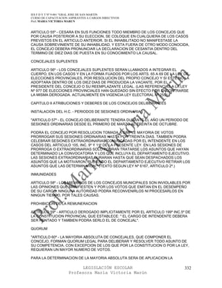 IES F D Y T Nº 9-001 “GRAL JOSE DE SAN MARTIN
CURSO DE CAPACITACION ASPIRANTES A CARGOS DIRECTIVOS
Prof. MARIA VICTORIA MARUN


ARTICULO 55º - CESARA EN SUS FUNCIONES TODO MIEMBRO DE LOS CONCEJOS QUE
POR CAUSA POSTERIOR A SU ELECCION, SE COLOQUE EN CUALQUIERA DE LOS CASOS
PREVISTOS EN EL ARTICULO ANTERIOR. SI EL INHABILITADO NO MANIFESTASE LA
CAUSA SOBREVINIENTE DE SU INHABILIDAD, Y ESTA FUERA DE OTRO MODO CONOCIDA,
EL CONCEJO DEBERA PRONUNCIAR LA DECLARACION DE CESANTIA DENTRO DEL
TERMINO DE DIEZ DIAS DE PUESTA EN SU CONOCIMIENTO LA CAUSAL.

CONCEJALES SUPLENTES

ARTICULO 56º - LOS CONCEJALES SUPLENTES SERAN LLAMADOS A INTEGRAR EL
CUERPO, EN LOS CASOS Y EN LA FORMA FIJADOS POR LOS ARTS. 65 A 69 DE LA LEY DE
ELECCIONES PROVINCIALES, POR RESOLUCION DEL PROPIO CONCEJO Y SI ESTE NO LA
ADOPTARA DENTRO DE LOS DIEZ DIAS DE PRODUCIDA LA VACANTE, POR EL
PRESIDENTE DEL CONCEJO O SU REEMPLAZANTE LEGAL. (LAS REFERENCIAS A LA LEY
Nº 977 DE ELECCIONES PROVINCIALES HAN QUEDADO SIN EFECTO POR ENCONTRARSE
LA MISMA DEROGADA. ACTUALMENTE EN VIGENCIA LEY ELECTORAL Nº 2551.)

CAPITULO II ATRIBUCIONES Y DEBERES DE LOS CONCEJOS DELIBERANTES

INSTALACION DEL H.C. - PERIODOS DE SESIONES ORDINARIAS

"ARTICULO 57º - EL CONCEJO DELIBERANTE TENDRA DURANTE EL AÑO UN PERIODO DE
SESIONES ORDINARIAS DESDE EL PRIMERO DE MARZO AL TREINTA DE OCTUBRE.

PODRA EL CONCEJO POR RESOLUCION TOMADA A SIMPLE MAYORIA DE VOTOS
PRORROGAR SUS SESIONES ORDINARIAS HASTA POR TREINTA DIAS. TAMBIEN PODRA
CELEBRAR SESIONES EXTRAORDINARIAS CONVOCADAS POR EL INTENDENTE EN LOS
CASOS DEL ARTICULO 105, INC. 9º Y 11º DE LA PRESENTE LEY. EN LAS SESIONES DE
PRORROGA O EXTRAORDINARIAS SOLO PODRAN TRATARSE LOS ASUNTOS QUE HAYAN
DETERMINADO LA CONVOCATORIA Y LOS QUE INCLUYA EL DEPARTAMENTO EJECUTIVO.
LAS SESIONES EXTRAORDINARIAS DURARAN HASTA QUE SEAN DESPACHADOS LOS
ASUNTOS QUE LA MOTIVARON, PUDIENDO EL DEPARTAMENTO EJECUTIVO RETIRAR LOS
ASUNTOS QUE LAS DETERMINARON." (TEXTO SEGUN LEY Nº 6167, ARTICULO 2º.)

INMUNIDADES

ARTICULO 58º - LOS MIEMBROS DE LOS CONCEJOS MUNICIPALES SON INVIOLABLES POR
LAS OPINIONES QUE MANIFIESTEN Y POR LOS VOTOS QUE EMITAN EN EL DESEMPEÑO
DE SU CARGO. NINGUNA AUTORIDAD PODRA RECONVENIRLOS NI PROCESARLOS EN
NINGUN TIEMPO, POR TALES CAUSAS.

PROHIBICION DE LA REMUNERACION

ARTICULO 59º - ARTICULO DEROGADO IMPLICITAMENTE POR EL ARTICULO 199º INC.5º DE
LA CONSTITUCION PROVINCIAL QUE ESTABLECE: " EL CARGO DE INTENDENTE DEBERA
SER RENTADO Y TAMBIEN PODRA SERLO EL DE CONCEJAL".

QUORUM

"ARTICULO 60º - LA MAYORIA ABSOLUTA DE CONCEJALES, QUE COMPONER EL
CONCEJO, FORMAN QUORUM LEGAL PARA DELIBERAR Y RESOLVER TODO ASUNTO DE
SU COMPETENCIA, CON EXCEPCION DE LOS QUE POR LA CONSTITUCION O POR LA LEY,
REQUIERAN UN MAYOR NUMERO DE VOTOS.

PARA LA DETERMINACION DE LA MAYORIA ABSOLUTA SERA DE APLICACION LA

                            LEGISLACIÓN ESCOLAR                            332
                      Profesora María Victoria Marún
 