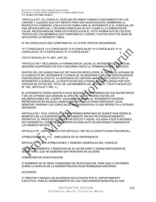 IES F D Y T Nº 9-001 “GRAL JOSE DE SAN MARTIN
CURSO DE CAPACITACION ASPIRANTES A CARGOS DIRECTIVOS
Prof. MARIA VICTORIA MARUN

"ARTICULO 67º - EL CONCEJO, DESPUES DE HABER TOMADO CONOCIMIENTO DE LOS
CARGOS Y JUZGADO QUE HAY MERITO PARA UNA INVESTIGACION, NOMBRARA LA
RESPECTIVA COMISION, CON CUYO DICTAMEN OIRA AL INTENDENTE O AL CONCEJAL EN
UNA SESION ESPECIAL Y DECIDIRA ENSEGUIDA SI HAY LUGAR A LA FORMACION DE
CAUSA, NECESITANDOSE PARA ESTA RESOLUCION EL VOTO AFIRMATIVO DE LOS DOS
TERCIOS DE LOS MIEMBROS QUE COMPONEN EL CUERPO. A ESTOS EFECTOS SERA DE
APLICACION LA PRESENTE TABLA:

N° DE CONCEJALES QUE COMPONEN EL H.C.D DOS TERCIOS REQUERIDOS

10 7 CONCEJALES 12 8 CONCEJALES 13 8 CONCEJALES 14 9 CONCEJALES 15 10
CONCEJALES 16 10 CONCEJALES 18 12 CONCEJALES."

(TEXTO SEGUN LEY N° 6921, ART.25)

"ARTICULO 68 º- DECLARADA LA FORMACION DE CAUSA, EL INTENDENTE O CONCEJAL
QUEDARA SUSPENDIDO EN SUS FUNCIONES HASTA LA TERMINACION DEL PROCESO.

DENTRO DE LOS QUINCE DIAS DE DICTADA ESA RESOLUCION, EL CONCEJO JUZGARA DE
LA CONDUCTA DEL INTENDENTE O CONCEJAL EN SESIONES PUBLICAS ESPECIALMENTE
CONVOCADAS AL EFECTO. LA SENTENCIA SE LIMITARA A ABSOLVER O DESTITUIR AL
INTENDENTE O CONCEJAL. LA DESTITUCION SOLO PODRA SER DECLARADA POR DOS
TERCIOS DE VOTOS DEL TOTAL DE LOS MIEMBROS DEL CONCEJO." (TEXTO SEGUN LEY
Nº 1461, ARTICULO 1º INC. J.)

EL INTENDENTE PODRA ASISTIR A ESAS SESIONES ACOMPAÑADO DE SUS SECRETARIOS
Y DE UN LETRADO QUE DESIGNE AL EFECTO, QUIEN TENDRA VOZ EN LAS
DELIBERACIONES DEL CUERPO. IGUALMENTE, PODRA EL INTENDENTE HACERSE
REPRESENTAR EN IGUALES CONDICIONES POR UN LETRADO DEFENSOR. IGUAL
DERECHO TENDRAN LOS CONCEJALES ENCAUSADOS EN LO QUE RESPECTA A LETRADO
DEFENSOR.

ARTICULO 69 º- SI EL CONCEJO DEJARA TRANSCURRIR MAS DE QUINCE DIAS DESDE EL
MOMENTO DE LA SUSPENSION DEL INTENDENTE SIN DICTAR PRONUNCIAMIENTO
DEFINITIVO, EL PROCESO QUEDARA SIN EFECTO Y AQUEL VOLVERA A SUS FUNCIONES,
NO PUDIENDO EL CUERPO CONSIDERAR EN ADELANTE ACUSACIONES FUNDADAS EN
LOS MISMOS HECHOS.

ARTICULO 70º - (SIN VIGENCIA POR ARTICULO 198º DE LA CONSTITUCION PROVINCIAL)

ATRIBUCIONES DEL H.C. - EMPLEADOS DE SU DEPENDENCIA

ARTICULO 71º - SON ATRIBUCIONES Y DEBERES GENERALES DEL CONCEJO:

1º EL NOMBRAMIENTO Y REMOCION DE SU SECRETARIO Y DEMAS EMPLEADOS DE
SECRETARIA, QUE NO DEBERAN SER PERSONAS DE SU SENO.

COMISIONES DE INVESTIGACION

2º NOMBRAR DE SU SENO COMISIONES DE INVESTIGACION, PARA QUE LE INFORMEN
SOBRE LA MARCHA DE LA ADMINISTRACION EN DETERMINADAS MATERIAS.

ACUERDOS

3º PRESTAR O NEGAR LOS ACUERDOS SOLICITADOS POR EL DEPARTAMENTO
EJECUTIVO, PARA EL NOMBRAMIENTO DE LOS FUNCIONARIOS MUNICIPALES QUE

                            LEGISLACIÓN ESCOLAR                             334
                      Profesora María Victoria Marún
 