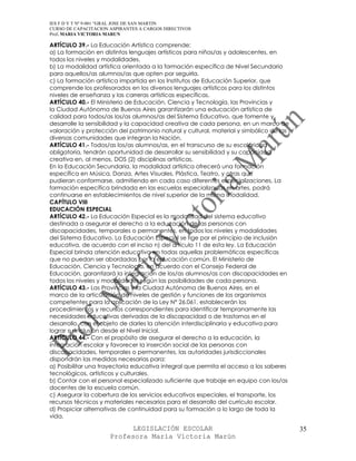 IES F D Y T Nº 9-001 “GRAL JOSE DE SAN MARTIN
CURSO DE CAPACITACION ASPIRANTES A CARGOS DIRECTIVOS
Prof. MARIA VICTORIA MARUN

ARTÍCULO 39.- La Educación Artística comprende:
a) La formación en distintos lenguajes artísticos para niños/as y adolescentes, en
todos los niveles y modalidades.
b) La modalidad artística orientada a la formación específica de Nivel Secundario
para aquellos/as alumnos/as que opten por seguirla.
c) La formación artística impartida en los Institutos de Educación Superior, que
comprende los profesorados en los diversos lenguajes artísticos para los distintos
niveles de enseñanza y las carreras artísticas específicas.
ARTÍCULO 40.- El Ministerio de Educación, Ciencia y Tecnología, las Provincias y
la Ciudad Autónoma de Buenos Aires garantizarán una educación artística de
calidad para todos/as los/as alumnos/as del Sistema Educativo, que fomente y
desarrolle la sensibilidad y la capacidad creativa de cada persona, en un marco de
valoración y protección del patrimonio natural y cultural, material y simbólico de las
diversas comunidades que integran la Nación.
ARTÍCULO 41.- Todos/as los/as alumnos/as, en el transcurso de su escolaridad
obligatoria, tendrán oportunidad de desarrollar su sensibilidad y su capacidad
creativa en, al menos, DOS (2) disciplinas artísticas.
En la Educación Secundaria, la modalidad artística ofrecerá una formación
específica en Música, Danza, Artes Visuales, Plástica, Teatro, y otras que
pudieran conformarse, admitiendo en cada caso diferentes especializaciones. La
formación específica brindada en las escuelas especializadas en artes, podrá
continuarse en establecimientos de nivel superior de la misma modalidad.
CAPÍTULO VIII
EDUCACIÓN ESPECIAL
ARTÍCULO 42.- La Educación Especial es la modalidad del sistema educativo
destinada a asegurar el derecho a la educación de las personas con
discapacidades, temporales o permanentes, en todos los niveles y modalidades
del Sistema Educativo. La Educación Especial se rige por el principio de inclusión
educativa, de acuerdo con el inciso n) del artículo 11 de esta ley. La Educación
Especial brinda atención educativa en todas aquellas problemáticas específicas
que no puedan ser abordadas por la educación común. El Ministerio de
Educación, Ciencia y Tecnología, en acuerdo con el Consejo Federal de
Educación, garantizará la integración de los/as alumnos/as con discapacidades en
todos los niveles y modalidades según las posibilidades de cada persona.
ARTÍCULO 43.- Las Provincias y la Ciudad Autónoma de Buenos Aires, en el
marco de la articulación de niveles de gestión y funciones de los organismos
competentes para la aplicación de la Ley N° 26.061, establecerán los
procedimientos y recursos correspondientes para identificar tempranamente las
necesidades educativas derivadas de la discapacidad o de trastornos en el
desarrollo, con el objeto de darles la atención interdisciplinaria y educativa para
lograr su inclusión desde el Nivel Inicial.
ARTÍCULO 44.- Con el propósito de asegurar el derecho a la educación, la
integración escolar y favorecer la inserción social de las personas con
discapacidades, temporales o permanentes, las autoridades jurisdiccionales
dispondrán las medidas necesarias para:
a) Posibilitar una trayectoria educativa integral que permita el acceso a los saberes
tecnológicos, artísticos y culturales.
b) Contar con el personal especializado suficiente que trabaje en equipo con los/as
docentes de la escuela común.
c) Asegurar la cobertura de los servicios educativos especiales, el transporte, los
recursos técnicos y materiales necesarios para el desarrollo del currículo escolar.
d) Propiciar alternativas de continuidad para su formación a lo largo de toda la
vida.

                            LEGISLACIÓN ESCOLAR                                          35
                      Profesora María Victoria Marún
 