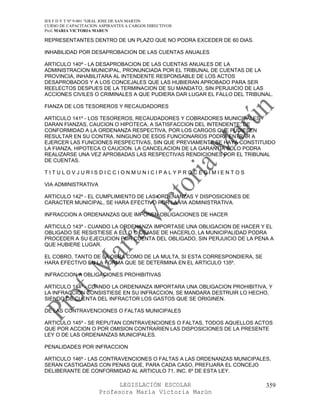 IES F D Y T Nº 9-001 “GRAL JOSE DE SAN MARTIN
CURSO DE CAPACITACION ASPIRANTES A CARGOS DIRECTIVOS
Prof. MARIA VICTORIA MARUN

REPRESENTANTES DENTRO DE UN PLAZO QUE NO PODRA EXCEDER DE 60 DIAS.

INHABILIDAD POR DESAPROBACION DE LAS CUENTAS ANUALES

ARTICULO 140º - LA DESAPROBACION DE LAS CUENTAS ANUALES DE LA
ADMINISTRACION MUNICIPAL, PRONUNCIADA POR EL TRIBUNAL DE CUENTAS DE LA
PROVINCIA, INHABILITARA AL INTENDENTE RESPONSABLE DE LOS ACTOS
DESAPROBADOS Y A LOS CONCEJALES QUE LAS HUBIERAN APROBADO PARA SER
REELECTOS DESPUES DE LA TERMINACION DE SU MANDATO, SIN PERJUICIO DE LAS
ACCIONES CIVILES O CRIMINALES A QUE PUDIERA DAR LUGAR EL FALLO DEL TRIBUNAL.

FIANZA DE LOS TESOREROS Y RECAUDADORES

ARTICULO 141º - LOS TESOREROS, RECAUDADORES Y COBRADORES MUNICIPALES
DARAN FIANZAS, CAUCION O HIPOTECA, A SATISFACCION DEL INTENDENTE, DE
CONFORMIDAD A LA ORDENANZA RESPECTIVA, POR LOS CARGOS QUE PUDIESEN
RESULTAR EN SU CONTRA. NINGUNO DE ESOS FUNCIONARIOS PODRA ENTRAR A
EJERCER LAS FUNCIONES RESPECTIVAS, SIN QUE PREVIAMENTE SE HAYA CONSTITUIDO
LA FIANZA, HIPOTECA O CAUCION. LA CANCELACION DE LA GARANTIA SOLO PODRA
REALIZARSE UNA VEZ APROBADAS LAS RESPECTIVAS RENDICIONES POR EL TRIBUNAL
DE CUENTAS.

TITULOVJURISDICCIONMUNICIPALYPROCEDIMIENTOS

VIA ADMINISTRATIVA

ARTICULO 142º - EL CUMPLIMIENTO DE LAS ORDENANZAS Y DISPOSICIONES DE
CARACTER MUNICIPAL, SE HARA EFECTIVO POR LA VIA ADMINISTRATIVA.

INFRACCION A ORDENANZAS QUE IMPONEN OBLIGACIONES DE HACER

ARTICULO 143º - CUANDO LA ORDENANZA IMPORTASE UNA OBLIGACION DE HACER Y EL
OBLIGADO SE RESISTIESE A ELLO O DEJASE DE HACERLO, LA MUNICIPALIDAD PODRA
PROCEDER A SU EJECUCION POR CUENTA DEL OBLIGADO, SIN PERJUICIO DE LA PENA A
QUE HUBIERE LUGAR.

EL COBRO, TANTO DE LA OBRA COMO DE LA MULTA, SI ESTA CORRESPONDIERA, SE
HARA EFECTIVO EN LA FORMA QUE SE DETERMINA EN EL ARTICULO 135º.

INFRACCION A OBLIGACIONES PROHIBITIVAS

ARTICULO 144º - CUANDO LA ORDENANZA IMPORTARA UNA OBLIGACION PROHIBITIVA, Y
LA INFRACCION CONSISTIESE EN SU INFRACCION, SE MANDARA DESTRUIR LO HECHO,
SIENDO DE CUENTA DEL INFRACTOR LOS GASTOS QUE SE ORIGINEN.

DE LAS CONTRAVENCIONES O FALTAS MUNICIPALES

ARTICULO 145º - SE REPUTAN CONTRAVENCIONES O FALTAS, TODOS AQUELLOS ACTOS
QUE POR ACCION O POR OMISION CONTRARIEN LAS DISPOSICIONES DE LA PRESENTE
LEY O DE LAS ORDENANZAS MUNICIPALES.

PENALIDADES POR INFRACCION

ARTICULO 146º - LAS CONTRAVENCIONES O FALTAS A LAS ORDENANZAS MUNICIPALES,
SERAN CASTIGADAS CON PENAS QUE, PARA CADA CASO, PREFIJARA EL CONCEJO
DELIBERANTE DE CONFORMIDAD AL ARTICULO 71, INC. 6º DE ESTA LEY.

                            LEGISLACIÓN ESCOLAR                           359
                      Profesora María Victoria Marún
 