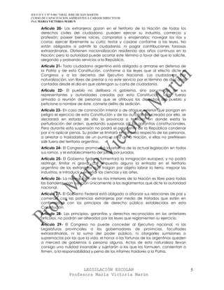 IES F D Y T Nº 9-001 “GRAL JOSE DE SAN MARTIN
CURSO DE CAPACITACION ASPIRANTES A CARGOS DIRECTIVOS
Prof. MARIA VICTORIA MARUN

     Artículo 20- Los extranjeros gozan en el territorio de la Nación de todos los
     derechos civiles del ciudadano; pueden ejercer su industria, comercio y
     profesión; poseer bienes raíces, comprarlos y enajenarlos; navegar los ríos y
     costas; ejercer libremente su culto; testar y casarse conforme a las leyes. No
     están obligados a admitir la ciudadanía, ni pagar contribuciones forzosas
     extraordinarias. Obtienen nacionalización residiendo dos años continuos en la
     Nación; pero la autoridad puede acortar este término a favor del que lo solicite,
     alegando y probando servicios a la República.
     Artículo 21- Todo ciudadano argentino está obligado a armarse en defensa de
     la Patria y de esta Constitución, conforme a las leyes que al efecto dicte el
     Congreso y a los decretos del Ejecutivo Nacional. Los ciudadanos por
     naturalización, son libres de prestar o no este servicio por el término de diez años
     contados desde el día en que obtengan su carta de ciudadanía.
     Artículo 22- El pueblo no delibera ni gobierna, sino por medio de sus
     representantes y autoridades creadas por esta Constitución. Toda fuerza
     armada o reunión de personas que se atribuya los derechos del pueblo y
     peticione a nombre de éste, comete delito de sedición.
     Artículo 23- En caso de conmoción interior o de ataque exterior que pongan en
     peligro el ejercicio de esta Constitución y de las autoridades creada por ella, se
     declarará en estado de sitio la provincia o territorio en donde exista la
     perturbación del orden, quedando suspensas allí las garantías constitucionales.
     Pero durante esta suspensión no podrá el presidente de la República condenar
     por sí ni aplicar penas. Su poder se limitará en tal caso respecto de las personas,
     a arrestar o trasladarlas de un punto a otro de la Nación, si ellas no prefiriesen
     salir fuera del territorio argentino.
     Artículo 24- El Congreso promoverá la reforma de la actual legislación en todos
     sus ramos, y el establecimiento del juicio por jurados.
     Artículo 25- El Gobierno Federal fomentará la inmigración europea; y no podrá
     restringir, limitar ni gravar con impuesto alguno la entrada en el territorio
     argentino de los extranjeros que traigan por objeto labrar la tierra, mejorar las
     industrias, e introducir y enseñar las ciencias y las artes.
     Artículo 26- La navegación de los ríos interiores de la Nación es libre para todas
     las banderas, con sujeción únicamente a los reglamentos que dicte la autoridad
     nacional.
     Artículo 27- El Gobierno Federal está obligado a afianzar sus relaciones de paz y
     comercio con las potencias extranjeras por medio de tratados que estén en
     conformidad con los principios de derecho público establecidos en esta
     Constitución.
     Artículo 28- Los principios, garantías y derechos reconocidos en los anteriores
     artículos, no podrán ser alterados por las leyes que reglamenten su ejercicio.
     Artículo 29- El Congreso no puede conceder al Ejecutivo nacional, ni las
     Legislaturas provinciales a los gobernadores de provincias, facultades
     extraordinarias, ni la suma del poder público, ni otorgarles sumisiones o
     supremacías por las que la vida, el honor o las fortunas de los argentinos queden
     a merced de gobiernos o persona alguna. Actos de esta naturaleza llevan
     consigo una nulidad insanable y sujetarán a los que los formulen, consientan o
     firmen, a la responsabilidad y pena de los infames traidores a la Patria.



                            LEGISLACIÓN ESCOLAR                                             5
                      Profesora María Victoria Marún
 