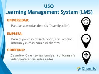 USO
Learning Management System (LMS)
UNIVERSIDAD:
Para las asesorías de tesis (Investigación).
EMPRESA:
Para el proceso de inducción, certificación
interna y cursos para sus clientes.
GOBIERNO:
Capacitación en zonas rurales, reuniones vía
videoconferencia entre sedes.
 