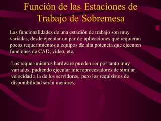 Función de las Estaciones de Trabajo de Sobremesa Las funcionalidades de una estación de trabajo son muy variadas, desde ejecutar un par de aplicaciones que requieran pocos requerimientos a equipos de alta potencia que ejecuten funciones de CAD, vídeo, etc. Los requerimientos hardware pueden ser por tanto muy variados, pudiendo ejecutar microprocesadores de similar velocidad a la de los servidores, pero los requisistos de disponibilidad serán menores. 
