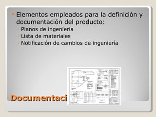 Documentación Elementos empleados para la definición y documentación del producto: Planos de ingeniería Lista de materiales Notificación de cambios de ingeniería 