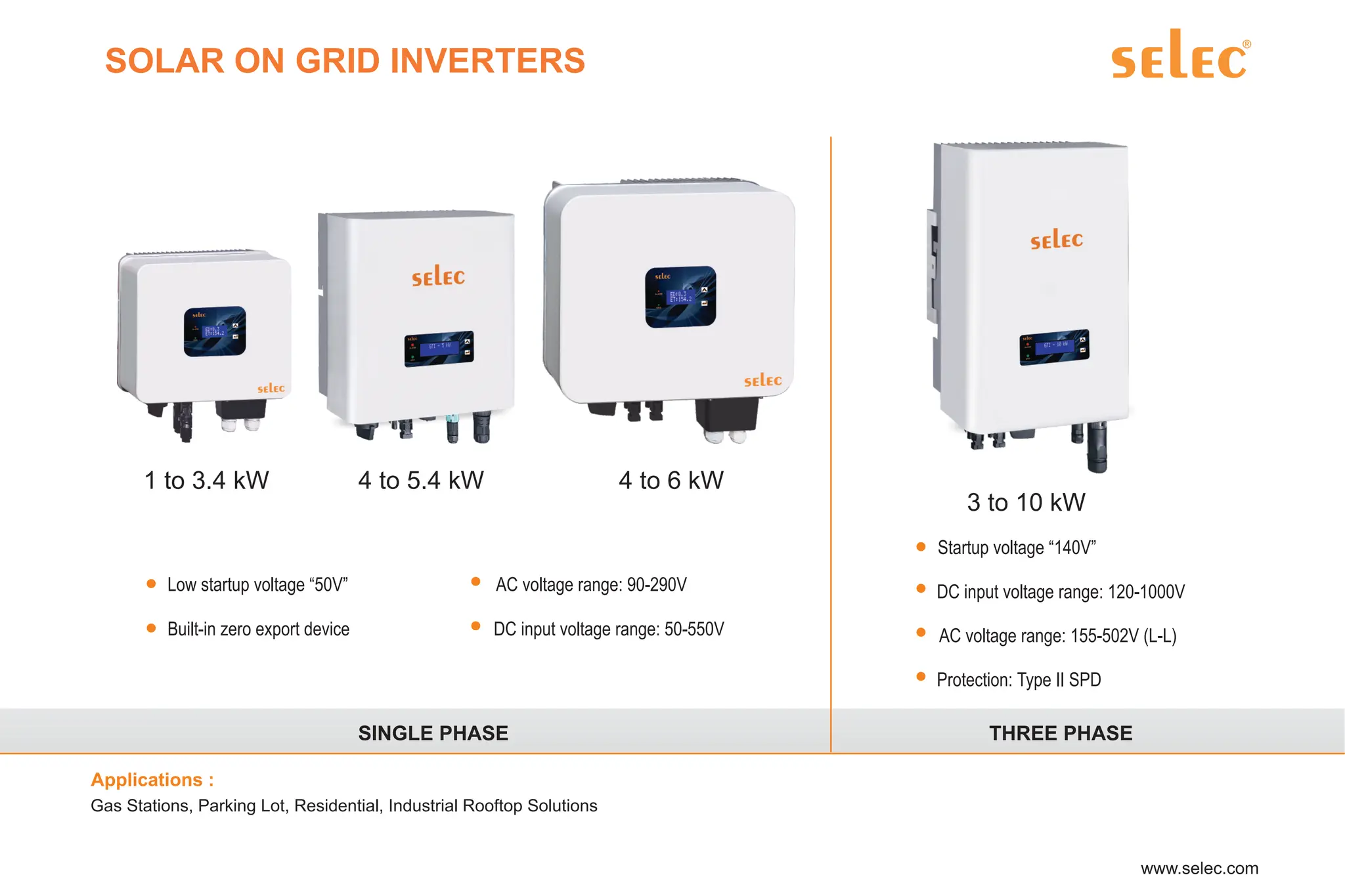 SOLAR ON GRID INVERTERS
Gas Stations, Parking Lot, Residential, Industrial Rooftop Solutions
Applications :
SINGLE PHASE THREE PHASE
4 to 6 kW
4 to 5.4 kW
1 to 3.4 kW
Low startup voltage “50V”
Built-in zero export device
AC voltage range: 90-290V
Startup voltage “140V”
DC input voltage range: 120-1000V
AC voltage range: 155-502V (L-L)
Protection: Type II SPD
3 to 10 kW
DC input voltage range: 50-550V
 
