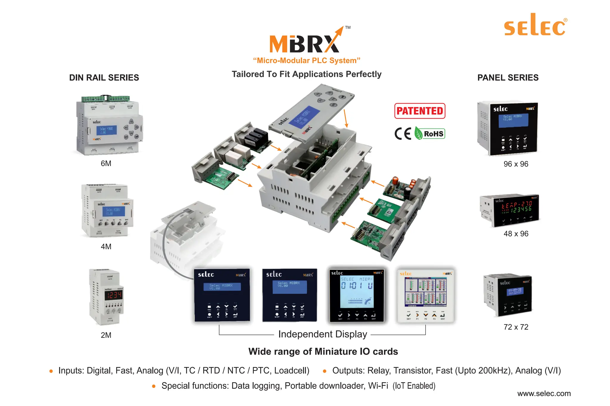 Wide range of Miniature IO cards
Tailored To Fit Applications Perfectly
“Micro-Modular PLC System”
TM
PANEL SERIES
96 x 96
72 x 72
48 x 96
DIN RAIL SERIES
4M
2M
6M
PATENTED
Independent Display
Inputs: Digital, Fast, Analog (V/I, TC / RTD / NTC / PTC, Loadcell) Outputs: Relay, Transistor, Fast (Upto 200kHz), Analog (V/I)
Special functions: Data logging, Portable downloader, Wi-Fi (IoT Enabled)
 