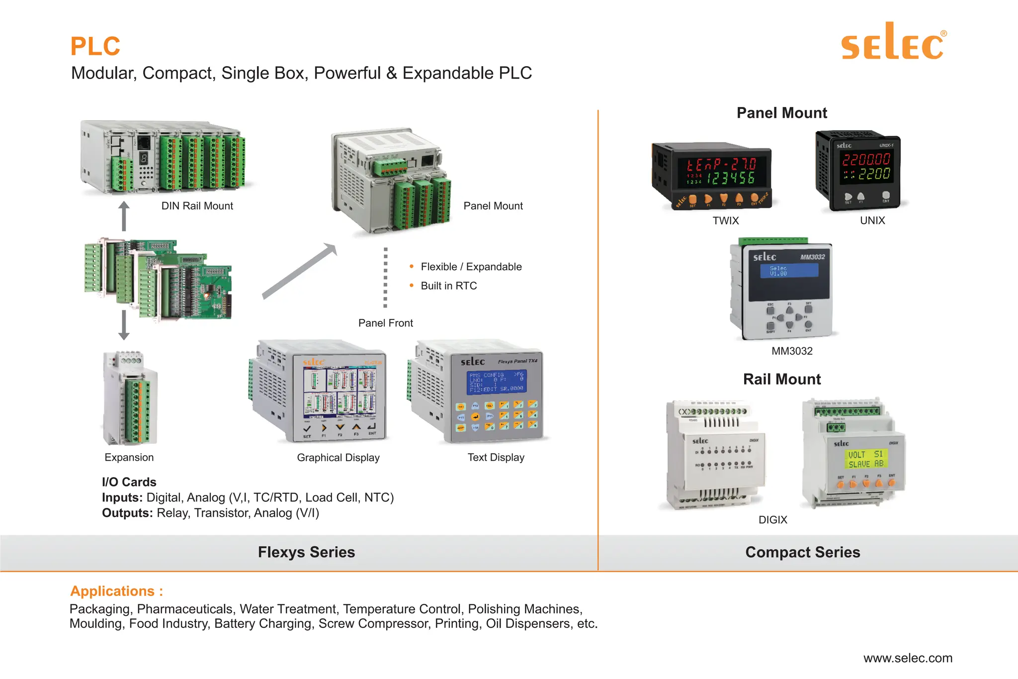 PLC
Modular, Compact, Single Box, Powerful & Expandable PLC
Packaging, Pharmaceuticals, Water Treatment, Temperature Control, Polishing Machines,
Moulding, Food Industry, Battery Charging, Screw Compressor, Printing, Oil Dispensers, etc.
DIN Rail Mount Panel Mount
Panel Front
Flexible / Expandable
Built in RTC
I/O Cards
Inputs: Digital, Analog (V,I, TC/RTD, Load Cell, NTC)
Outputs: Relay, Transistor, Analog (V/I)
Text Display
Graphical Display
Expansion
Flexys Series Compact Series
Panel Mount
Applications :
MM3032
Rail Mount
DIGIX
TWIX UNIX
 